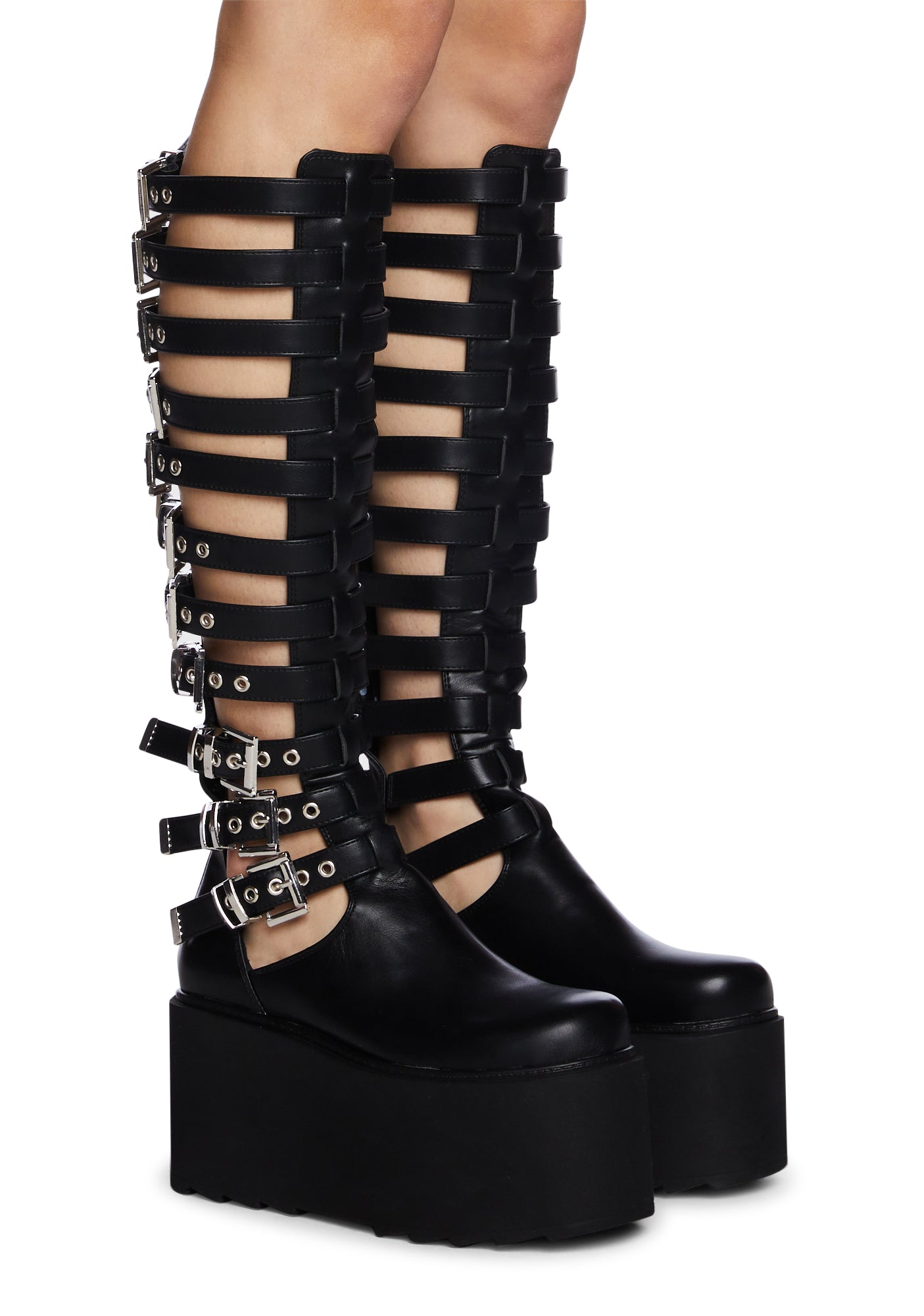 Lamoda Strappy Buckled Platform Wedge Boots - Black – Dolls Kill