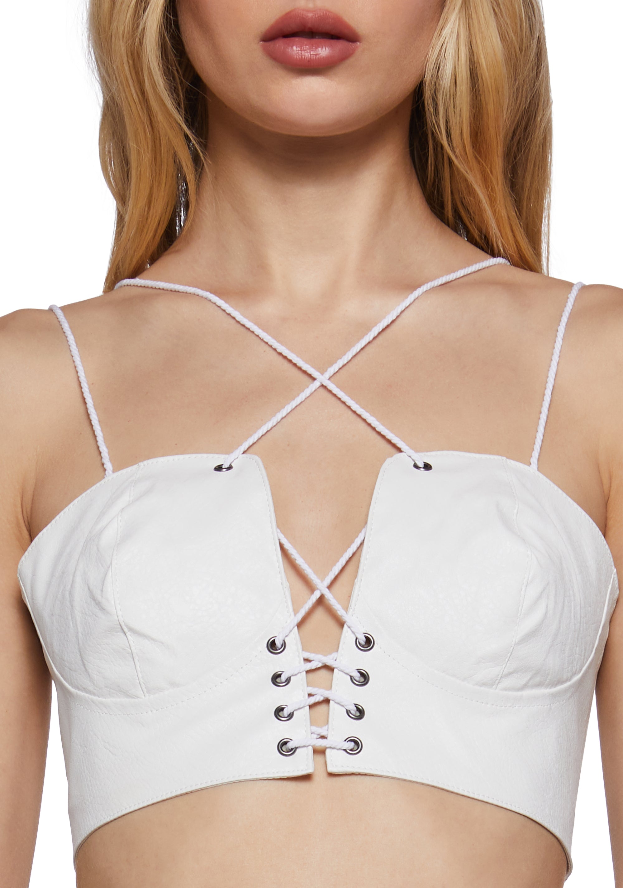 Darker Wavs Vegan Leather Strappy Bustier Bra - White