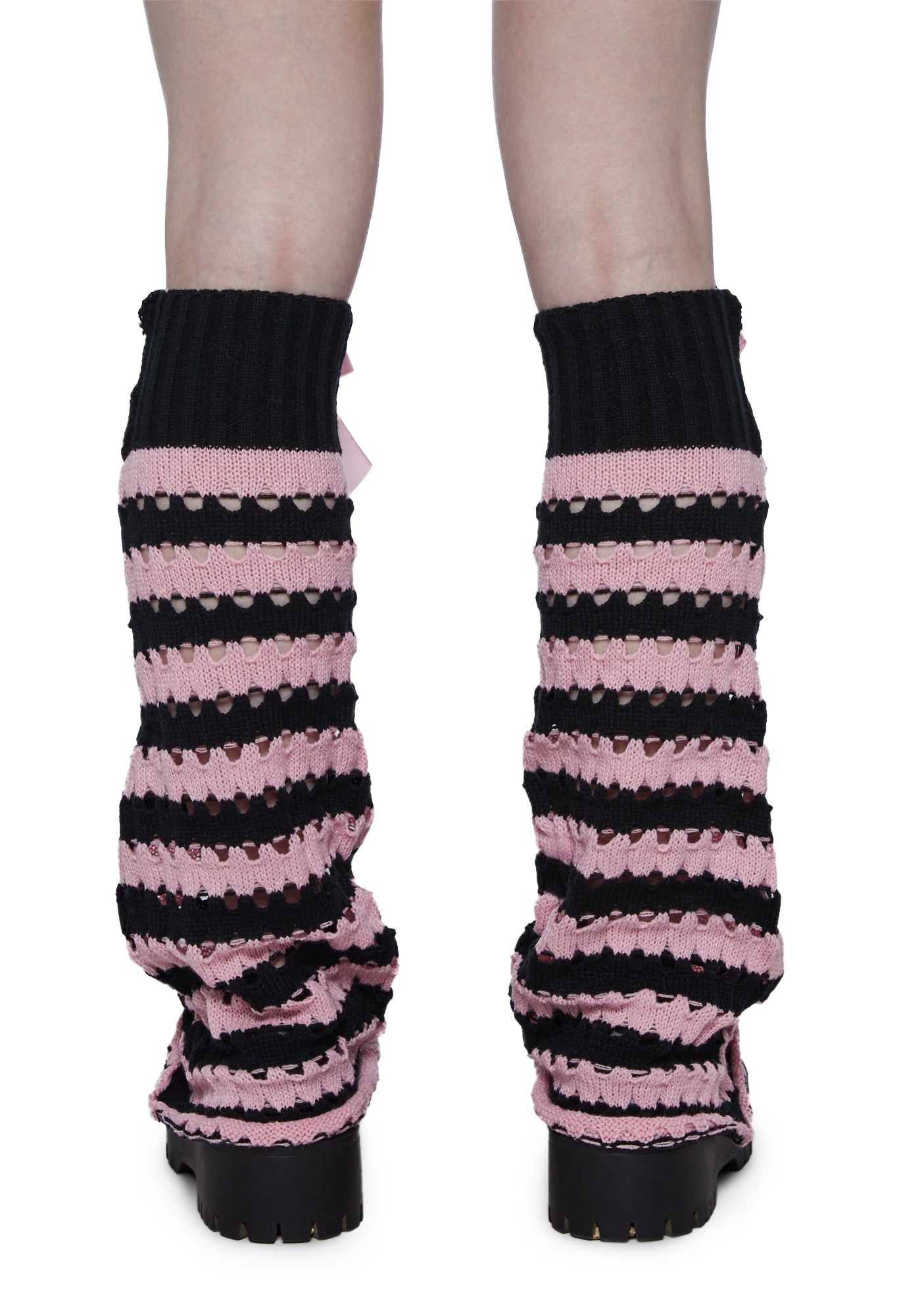 Striped Bow Heart Pearl Rhinestone Leg Warmers Pink/Black Dolls Kill