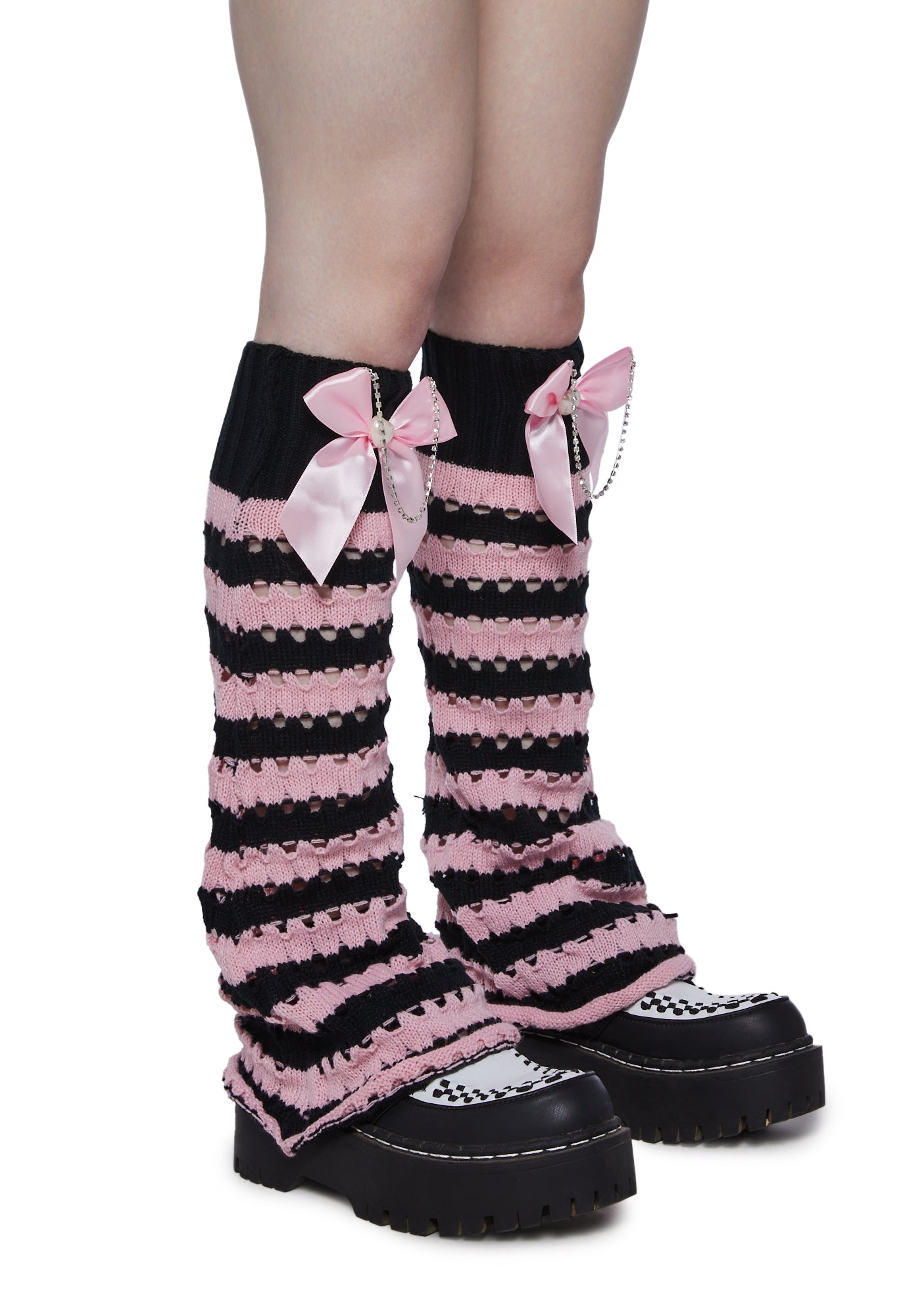 Striped Bow Heart Pearl Rhinestone Leg Warmers Pink/Black Dolls Kill