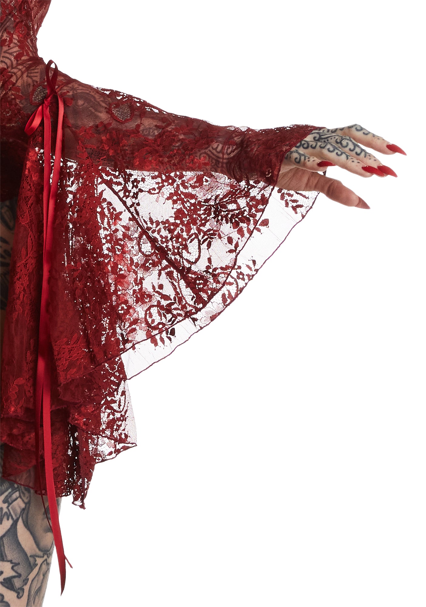 Widow Deep V Bell Sleeve Lace Bodysuit - Red Dolls Kill Widow Deep V Bell Sleeve Lace Bodysuit - Red Dolls Kill