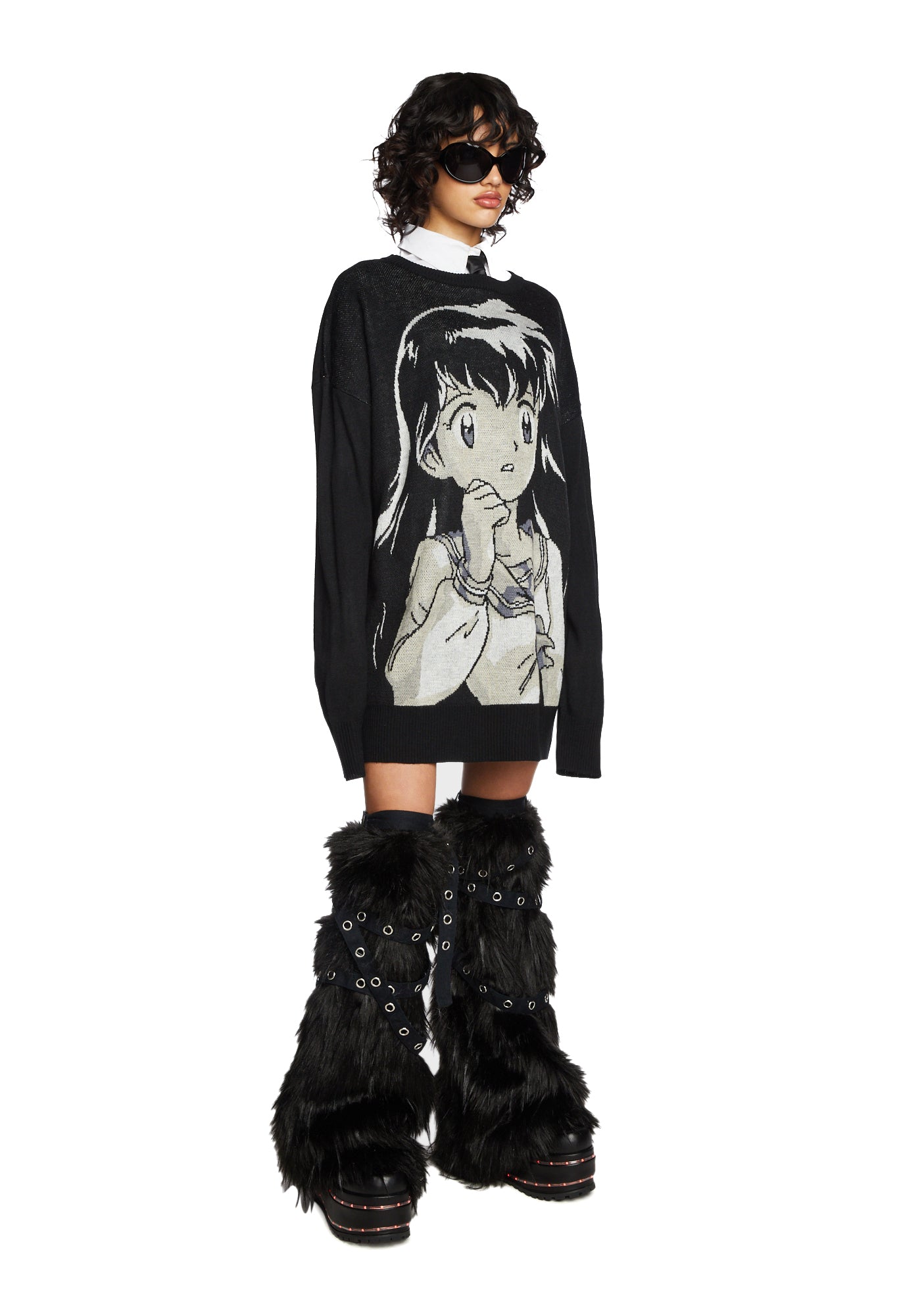 Dolls Kill x Inuyasha Kagome Intarsia Oversized Sweater - Black