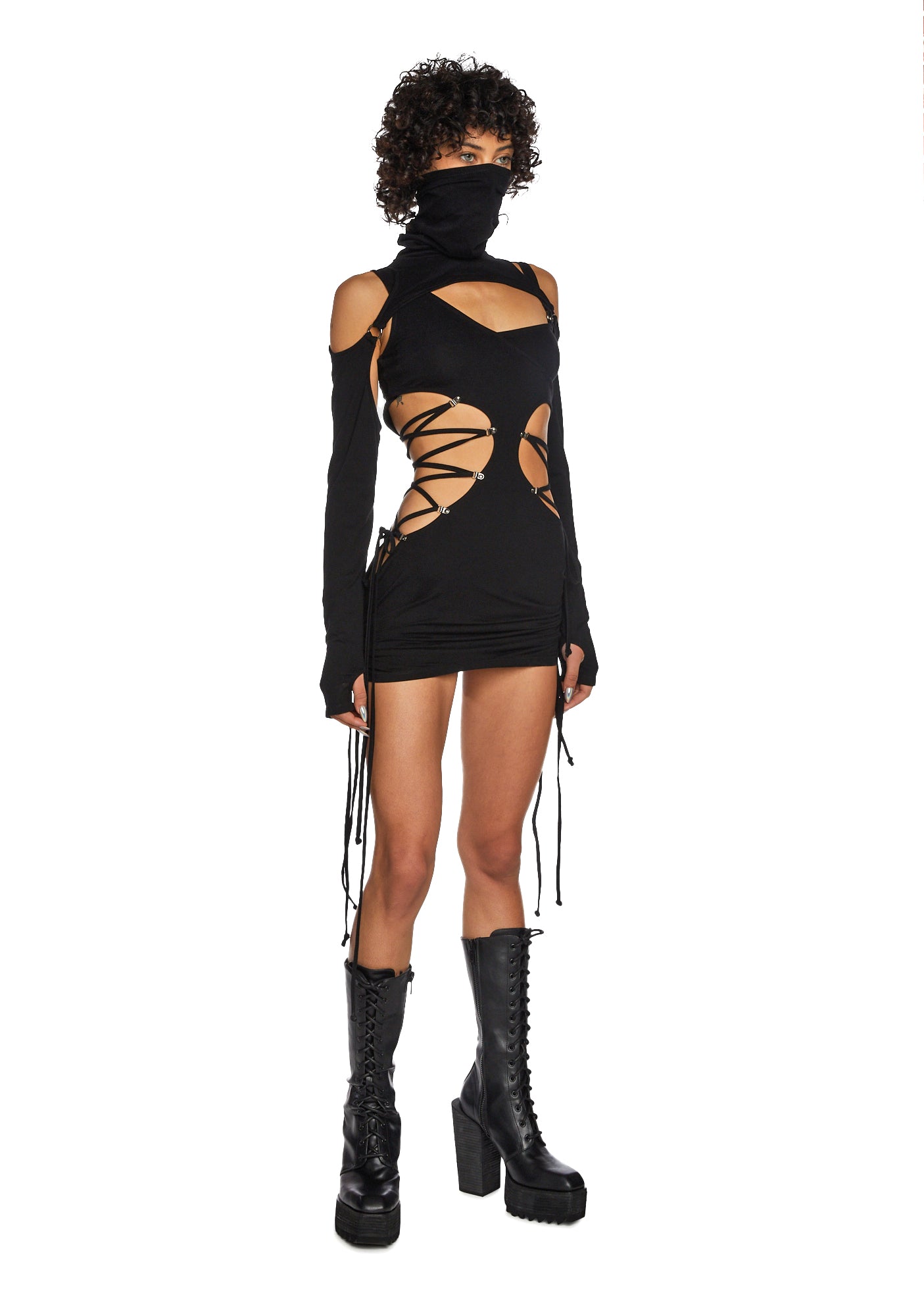 Darker Wavs Cut Out Lace Up Dress With Detachable Shrug