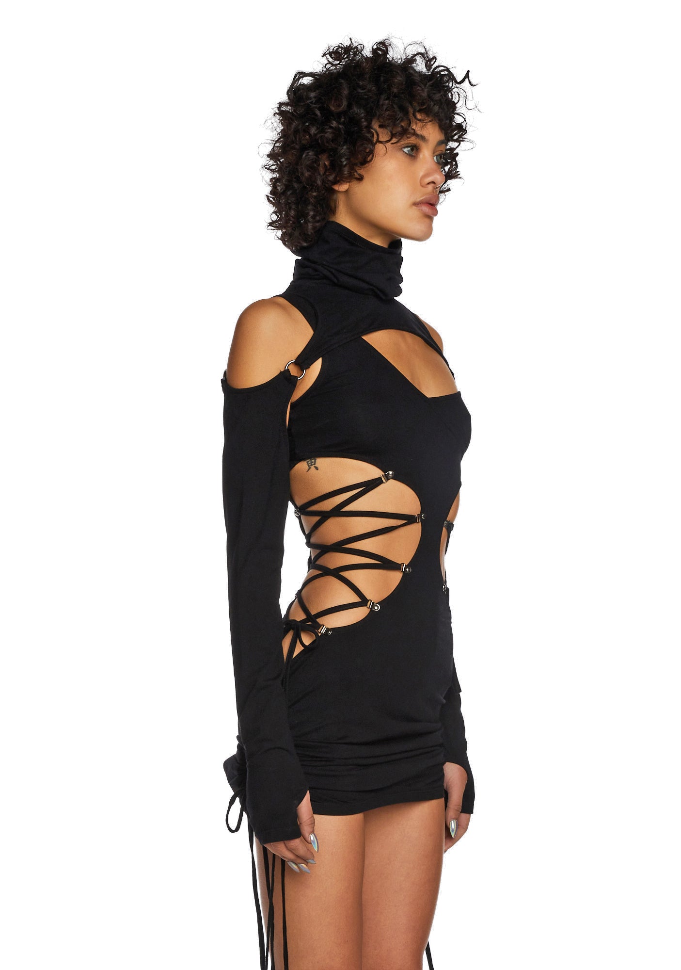 Darker Wavs Cut Out Lace Up Dress With Detachable Shrug Black Dolls Kill