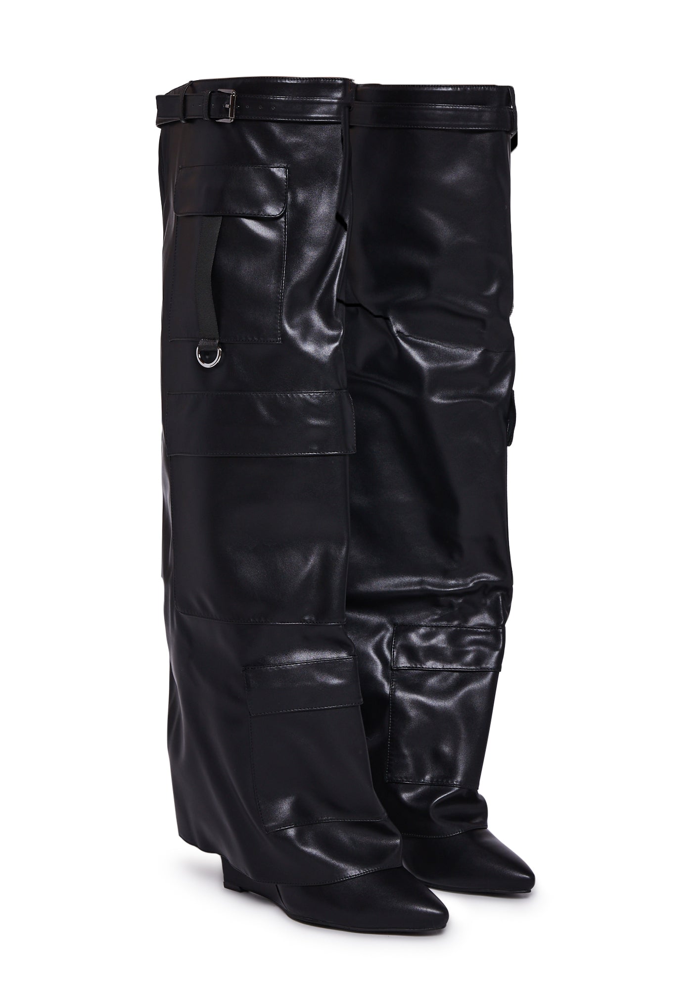 Azalea Wang Belt Knee High Wedge Boots Black Dolls Kill