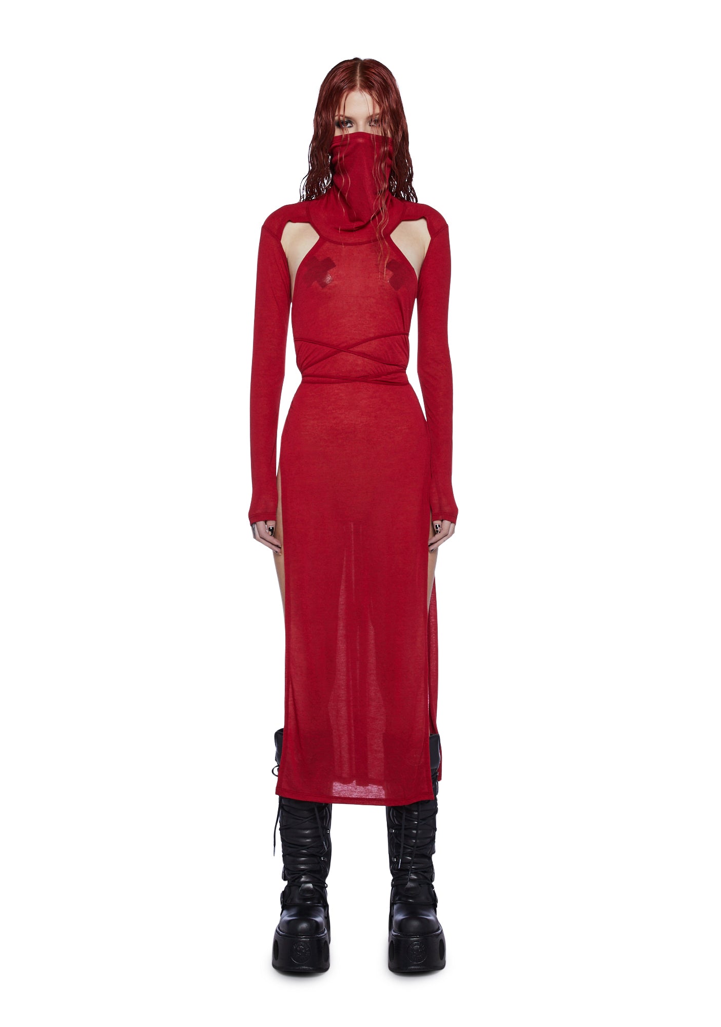 Darker Wavs Sheer High Slit Maxi Dress - Red – Dolls Kill