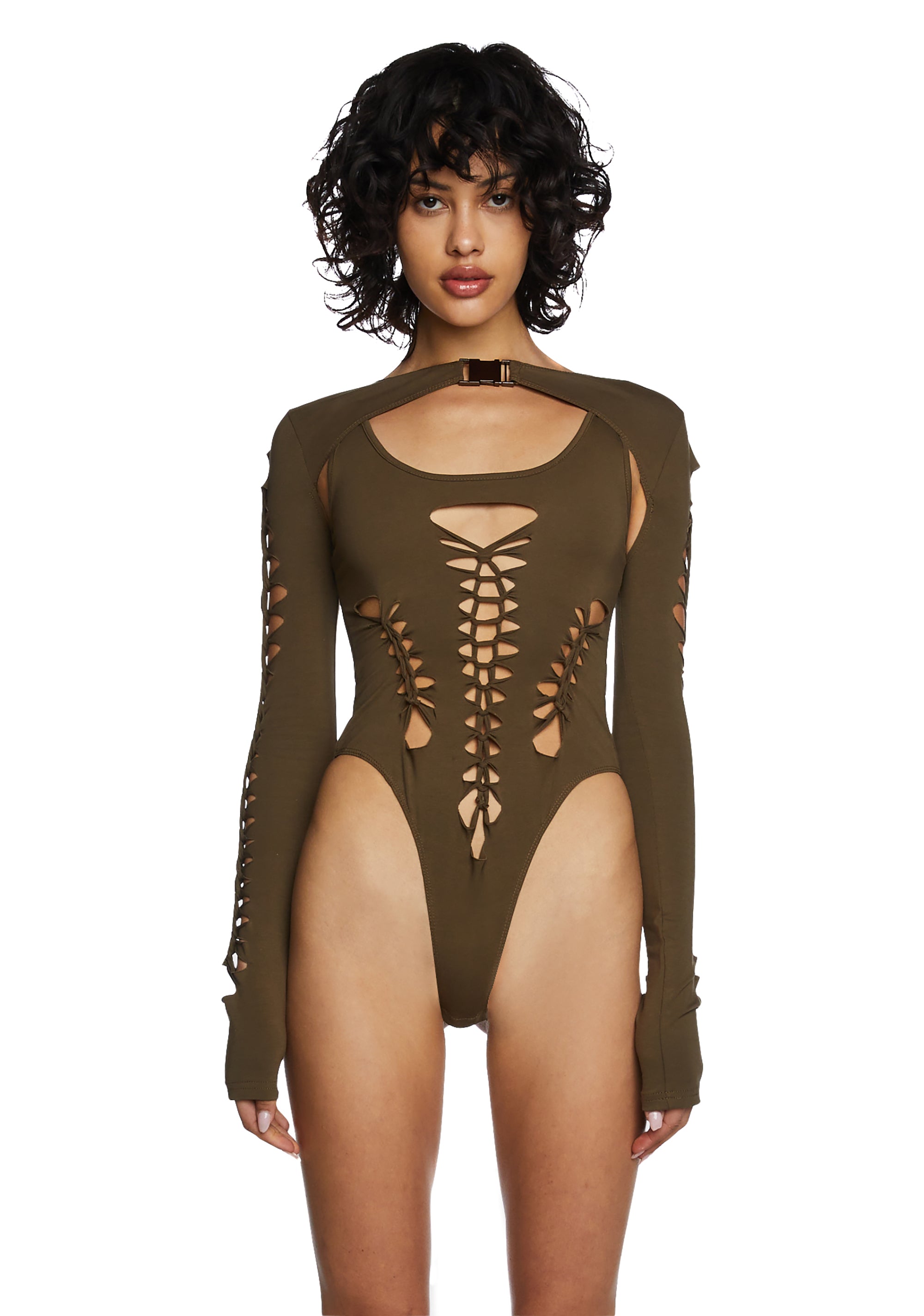 Poster Grl Braided Cut Out Bodysuit And Shrug Set - Dark Green – Dolls Kill