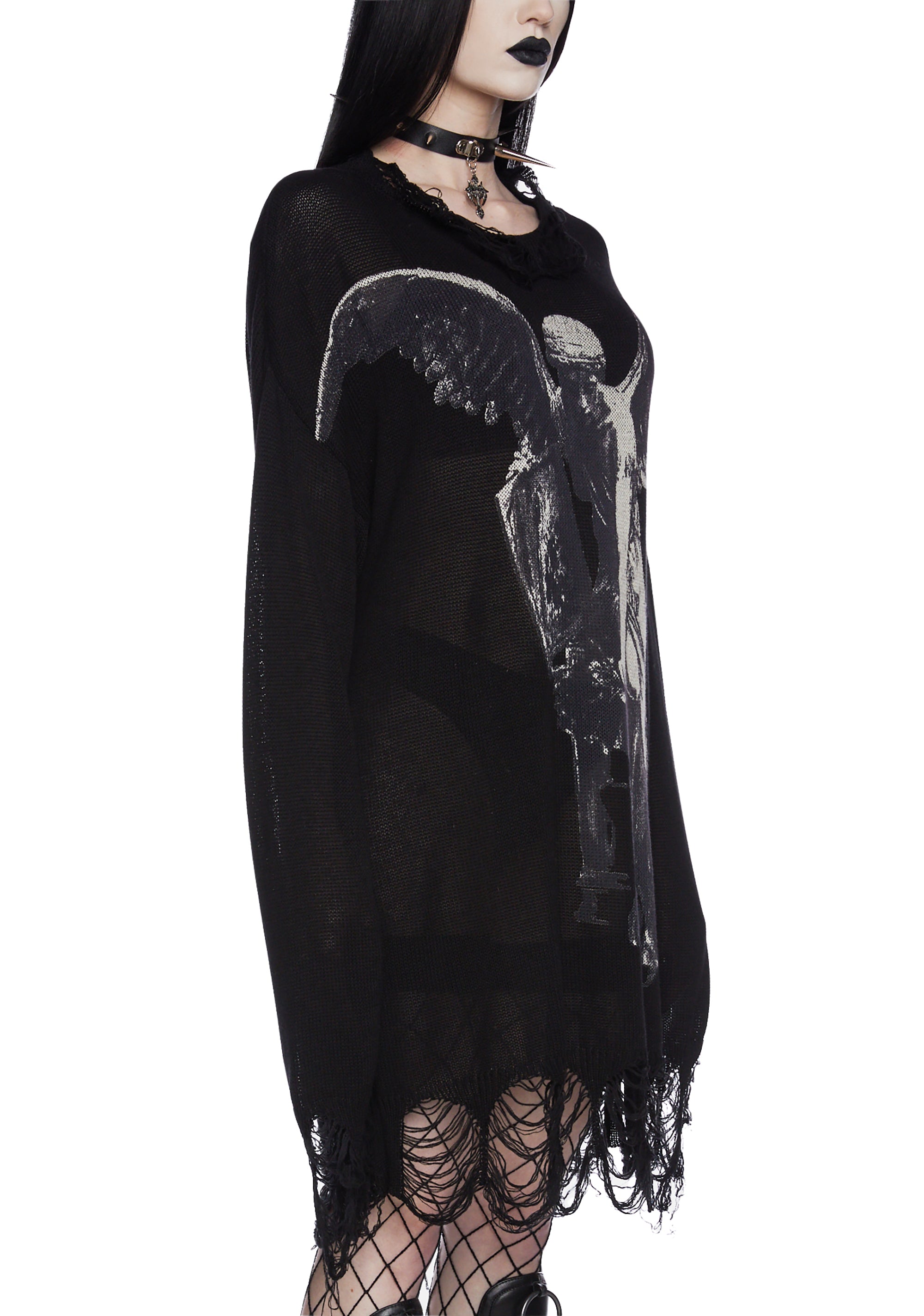 Widow Distressed Angel Graphic Oversized Sweater - Black – Dolls Kill