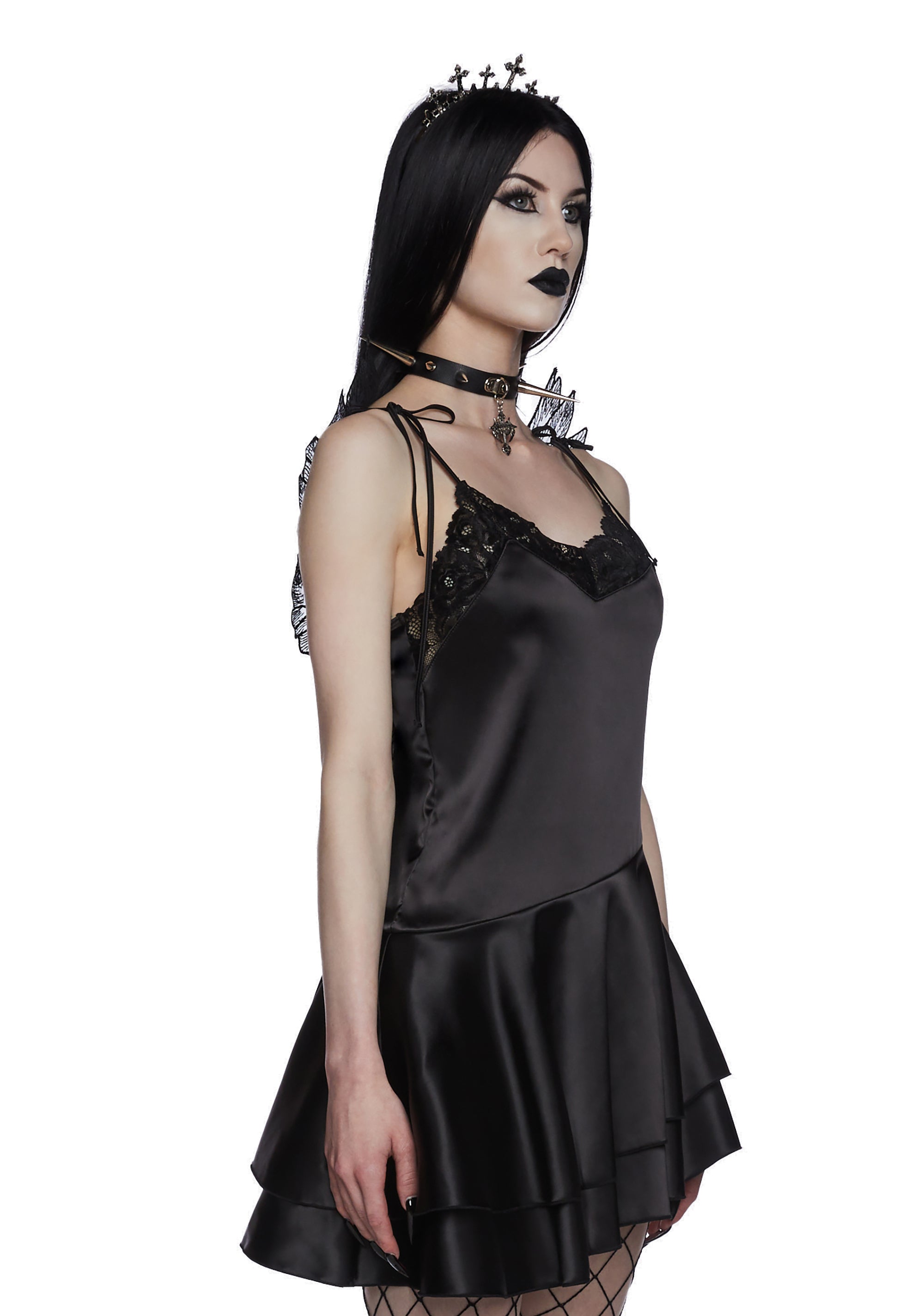 Widow Satin Slip Dress With Angel Wings - Black – Dolls Kill