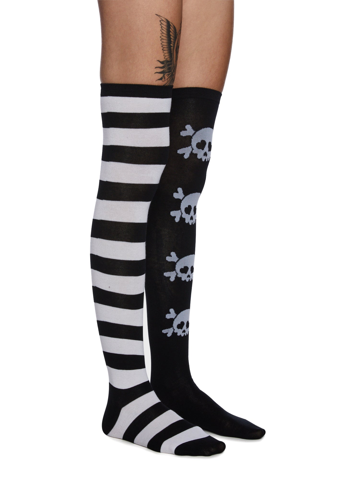 Skull Stripe Mismatched Thigh High Socks - Black/White – Dolls Kill