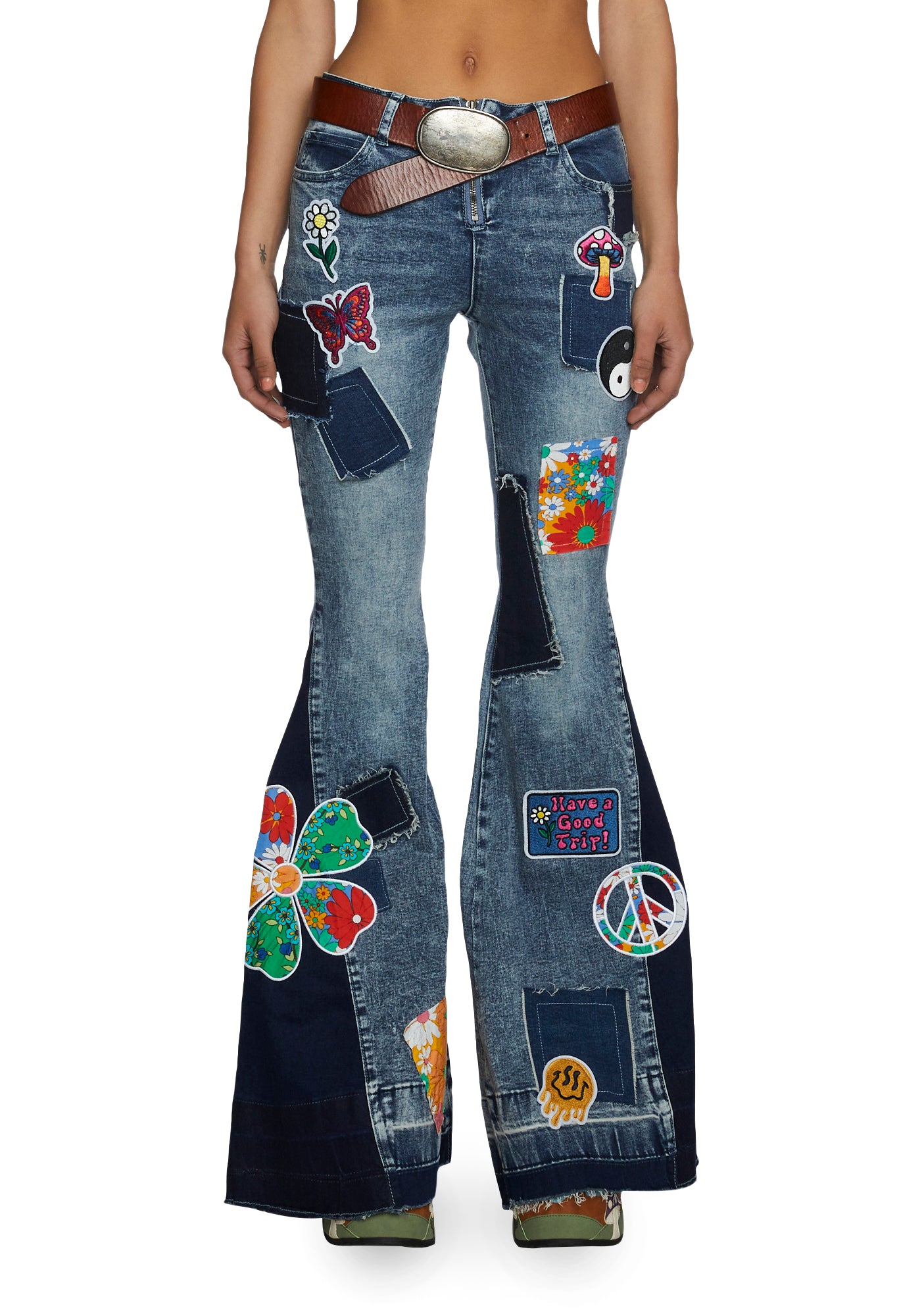 Current Patchwork Current Mood Embroidered Patchwork Denim Flare Pants - Multi – Dolls Kill