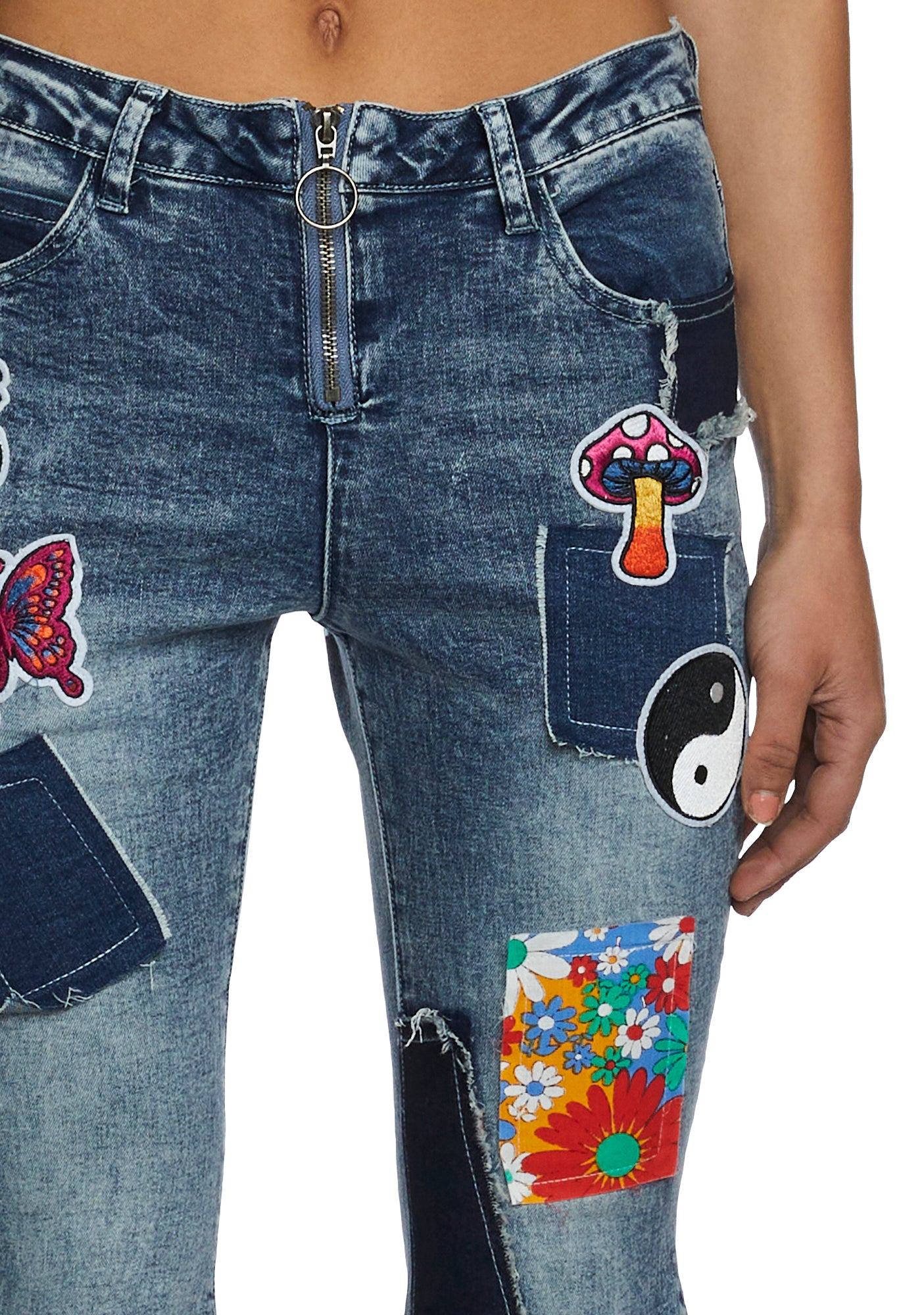 Current Mood Embroidered Patchwork Denim Flare Pants - Multi 