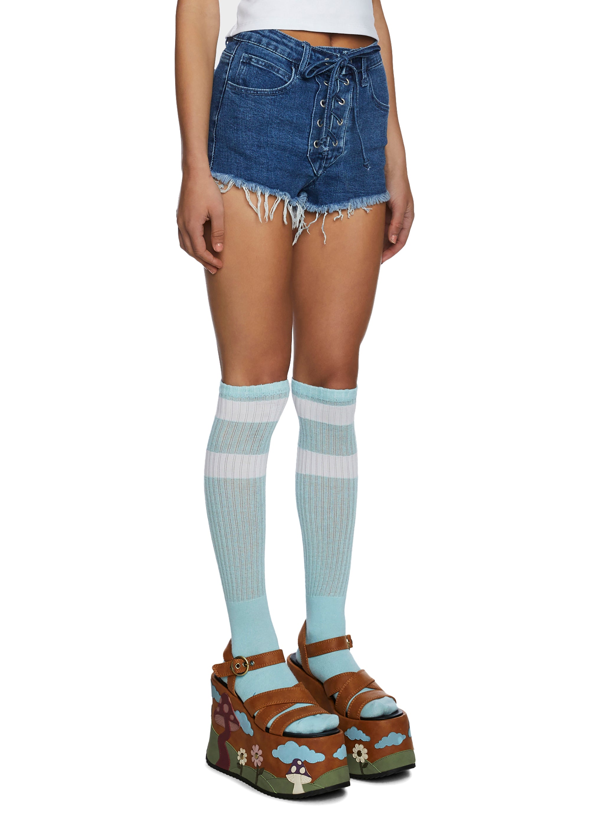 Current Mood Rainbow Pocket Applique Denim Shorts - Blue