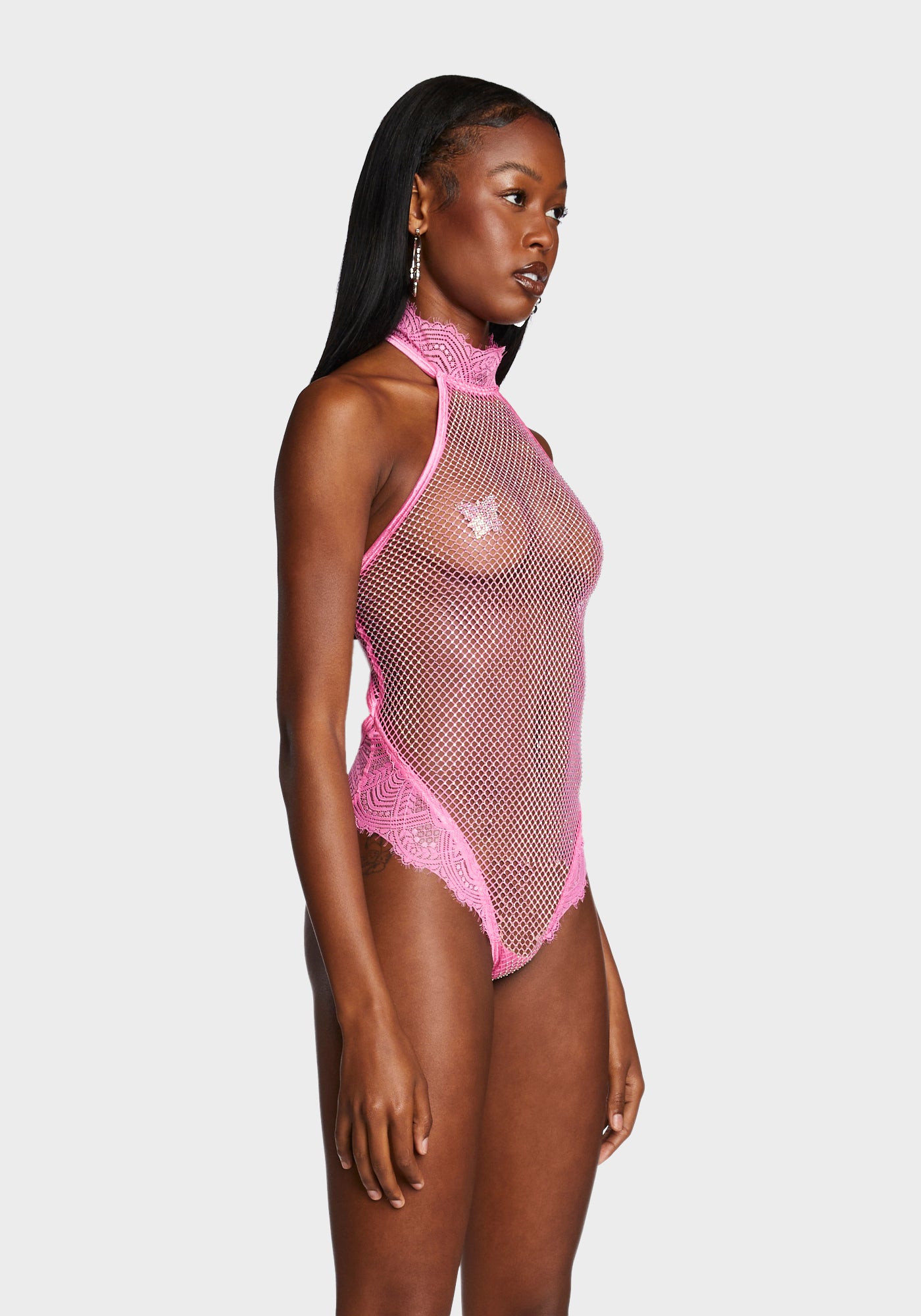 Sparkly Sheer Fishnet Lace Bodysuit Pink Dolls Kill