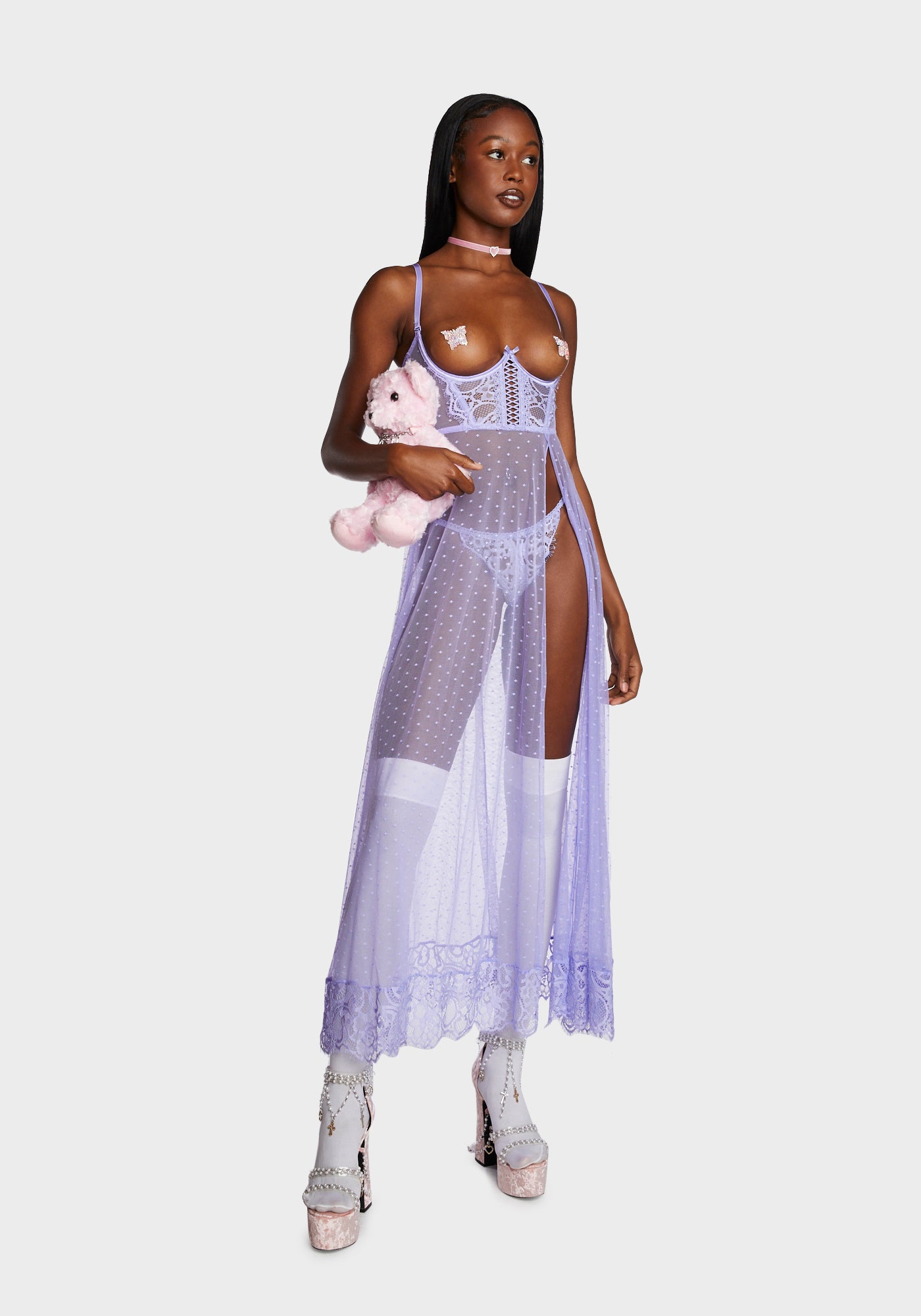 Open Cup Bustier Gown And Thong Set