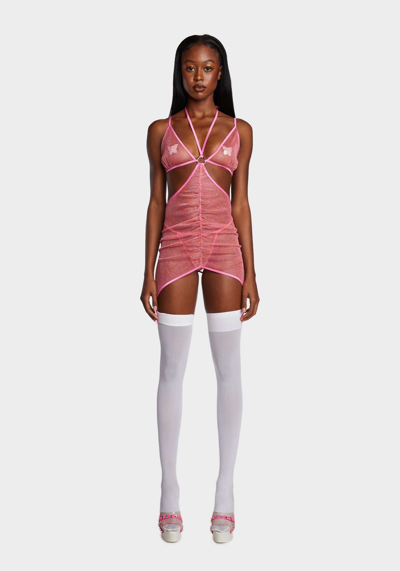 Sparkly Ruched Mini Dress Thong Set - Pink – Dolls Kill