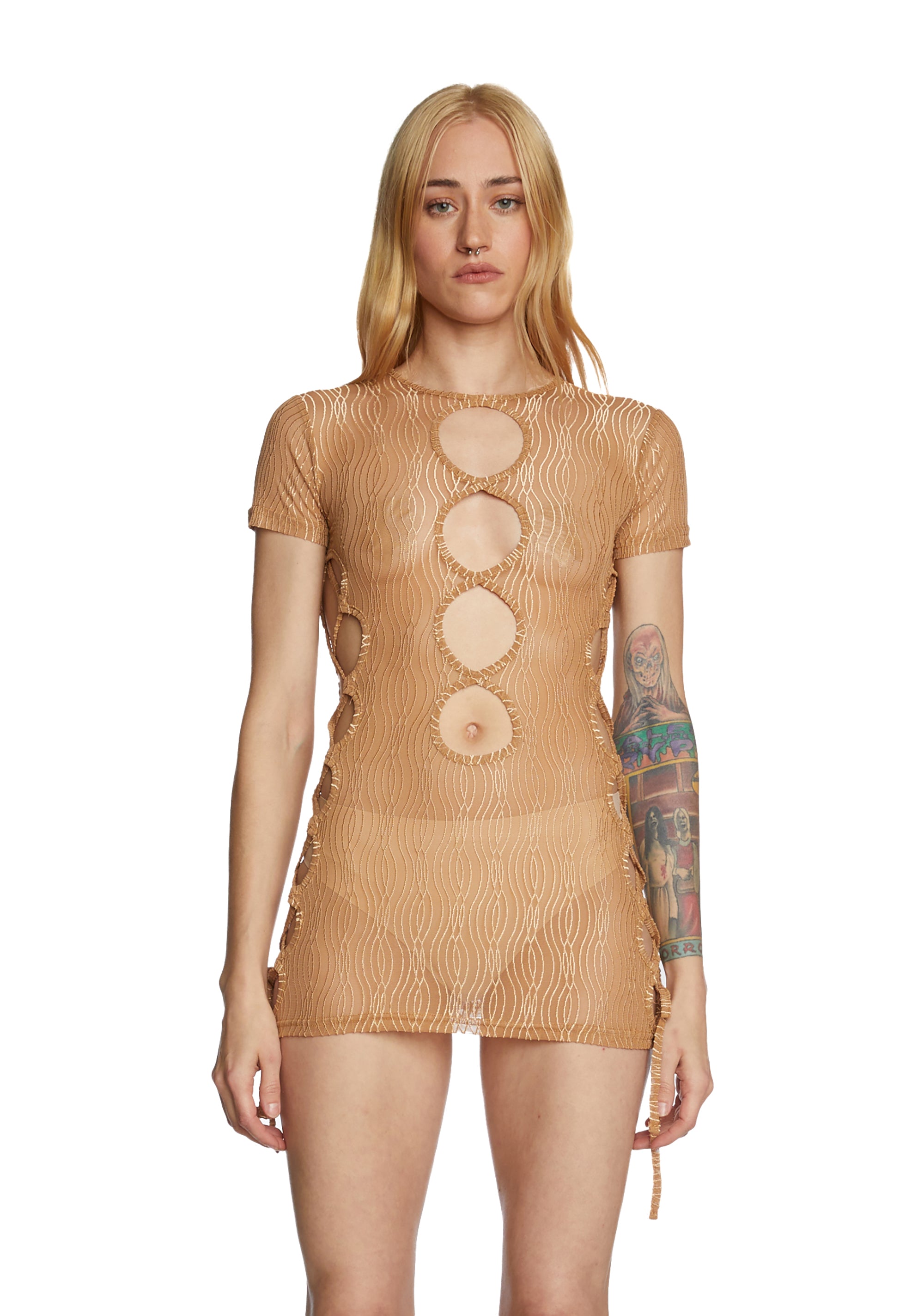 Cutout Metallic Trim Mini Dress - Light Brown – Dolls Kill