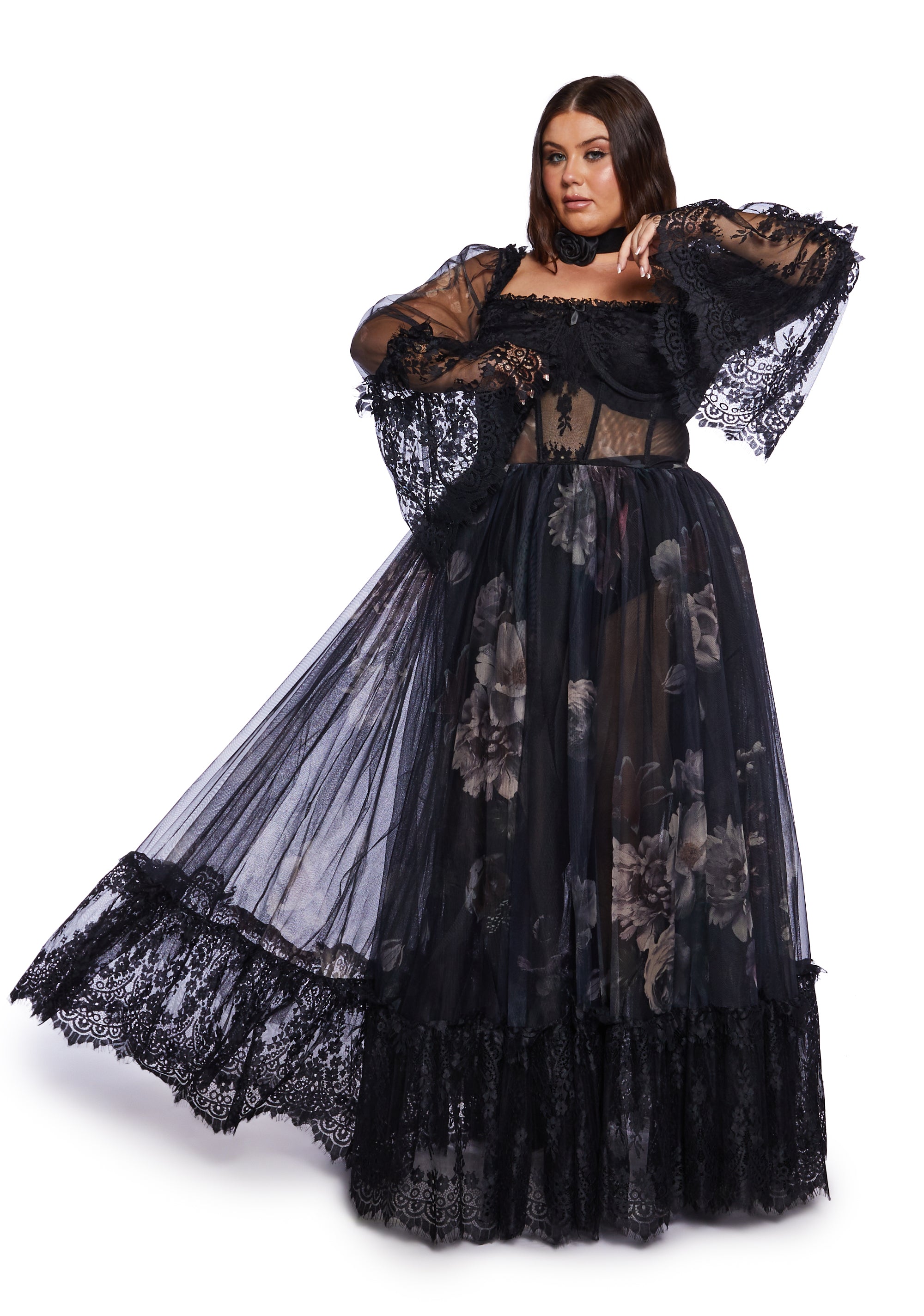 fitted lace wedding dress Women's Plus Size Gothic Flared Sleeved Embossed Velvet Red Formal Dress –  Punk Design main image 1