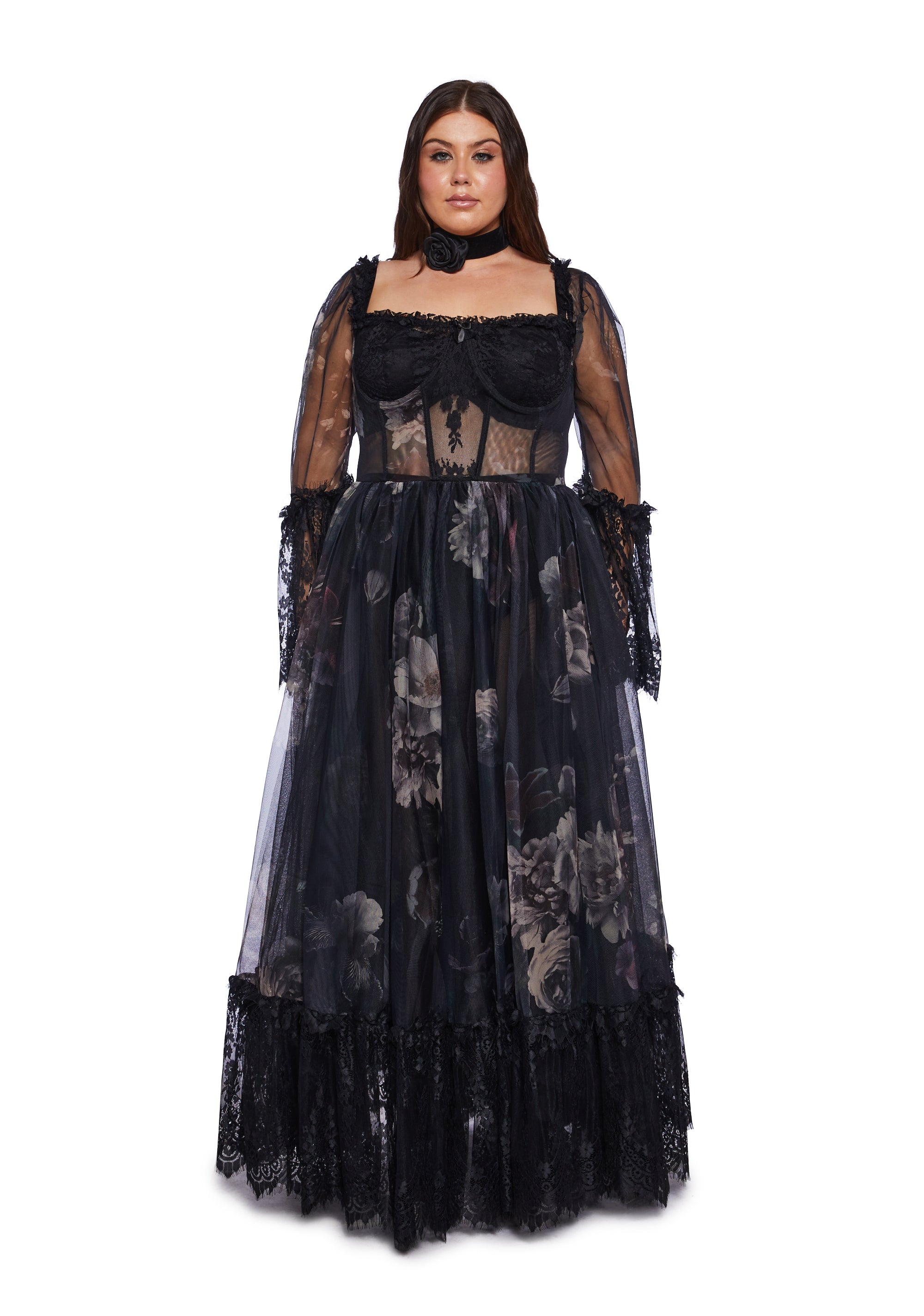 Widow Plus Size Floral Mesh Gothic Maxi Dress