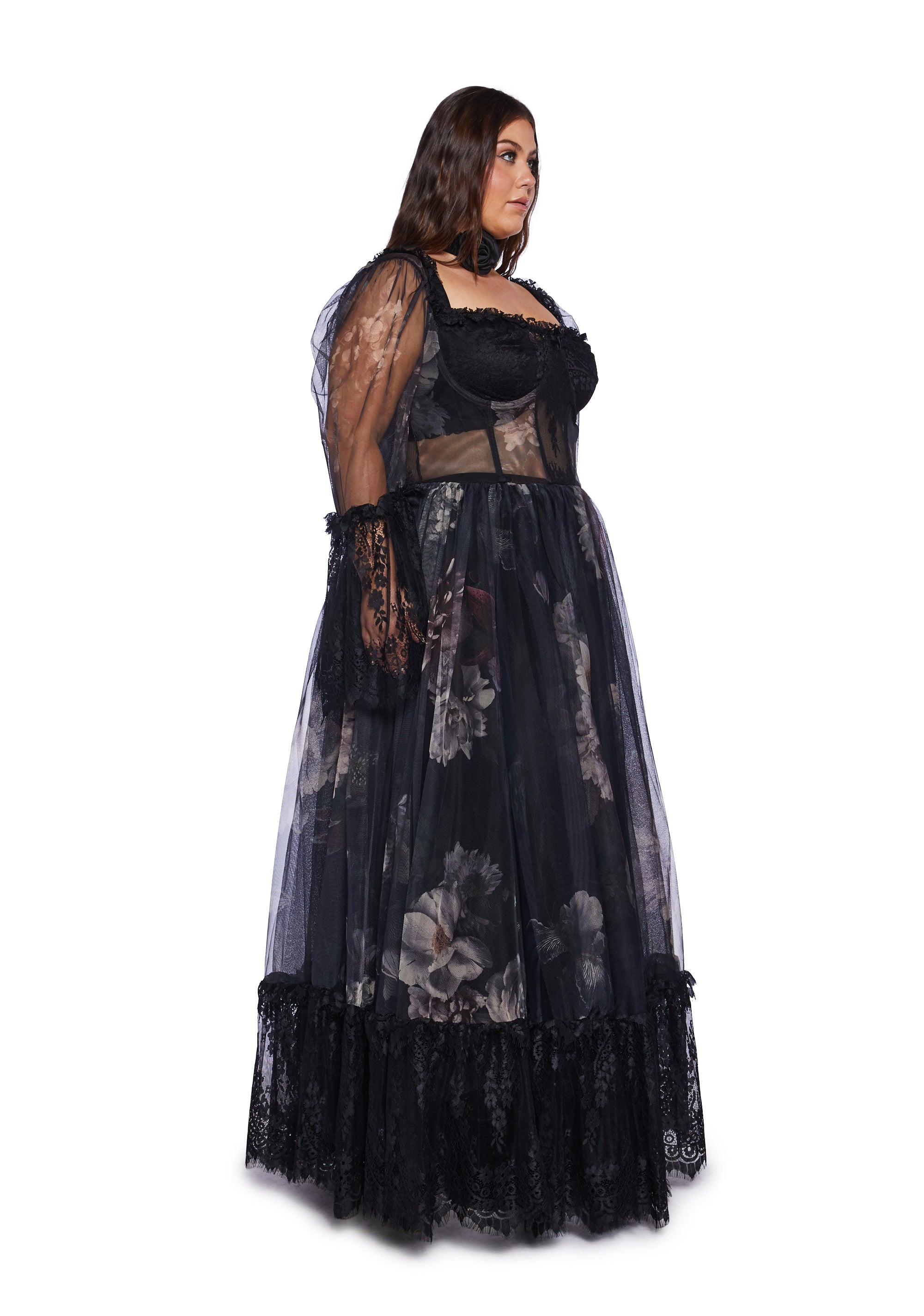 fitted lace wedding dress Widow Plus Size Floral Mesh Gothic Maxi Dress