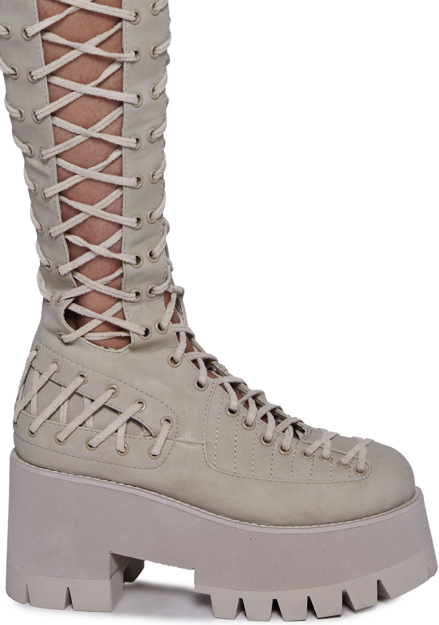 Club Exx Knee High Lace Up Treaded Boots - Light Gray – Dolls Kill
