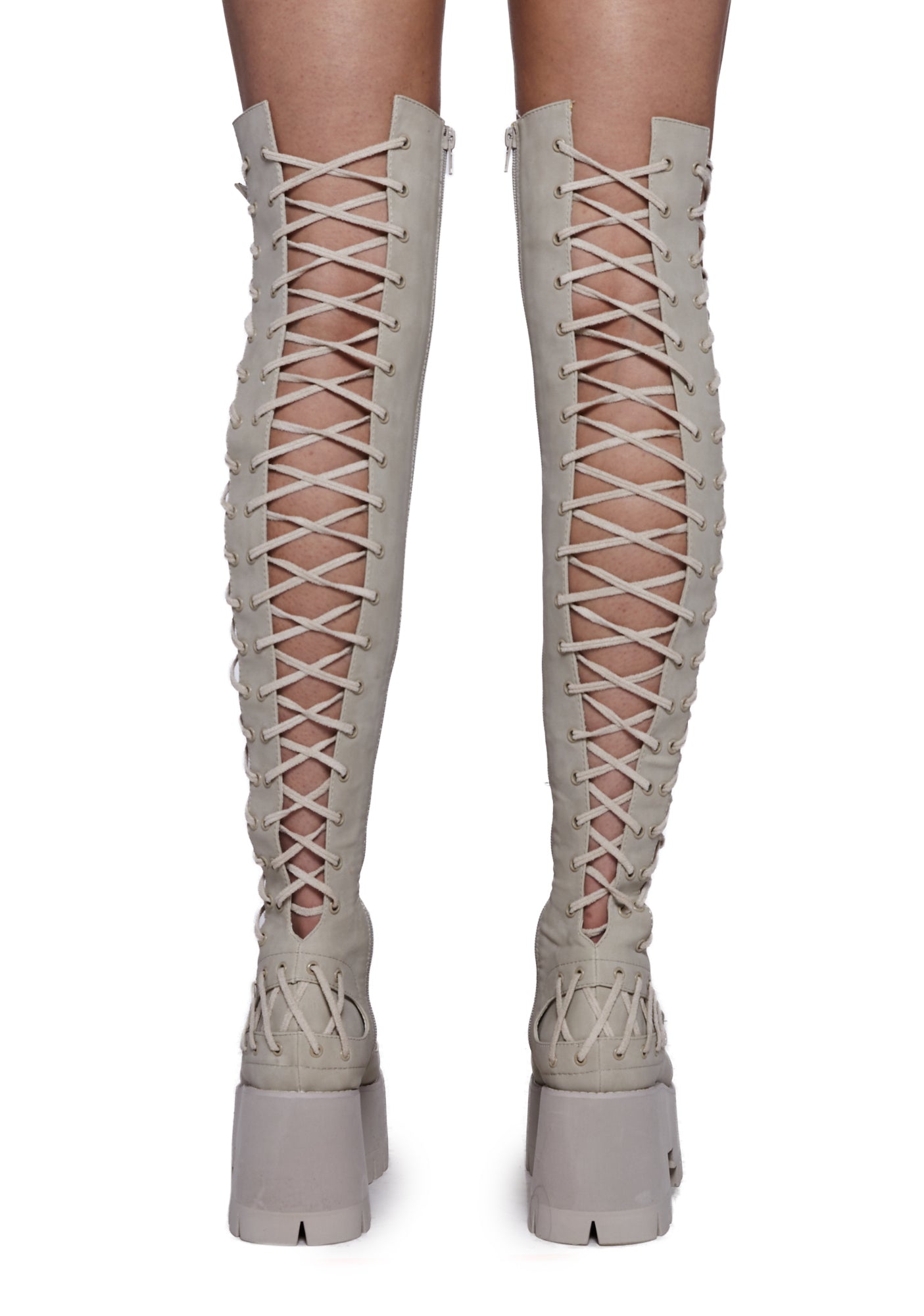 Club Exx Knee High Lace Up Treaded Boots - Light Gray – Dolls Kill