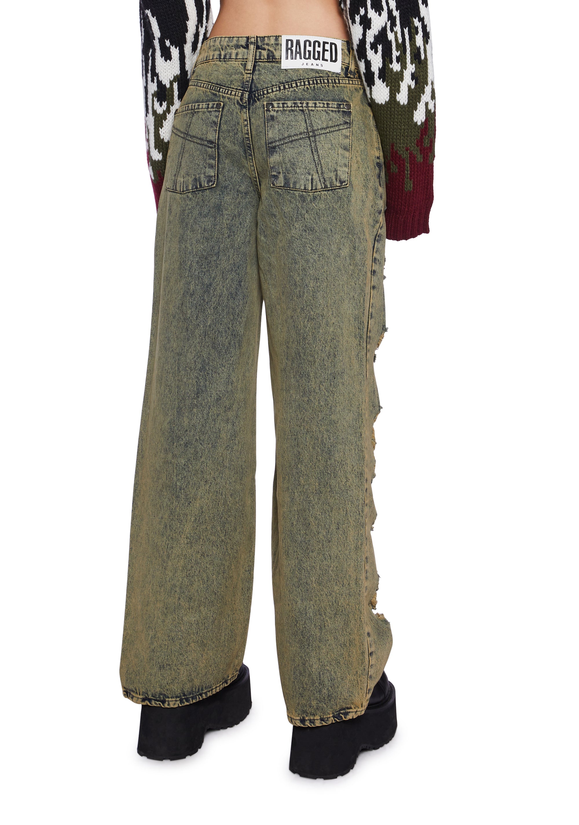 The Ragged Priest Shredded Washed Denim Baggy Jeans - Green – Dolls Kill