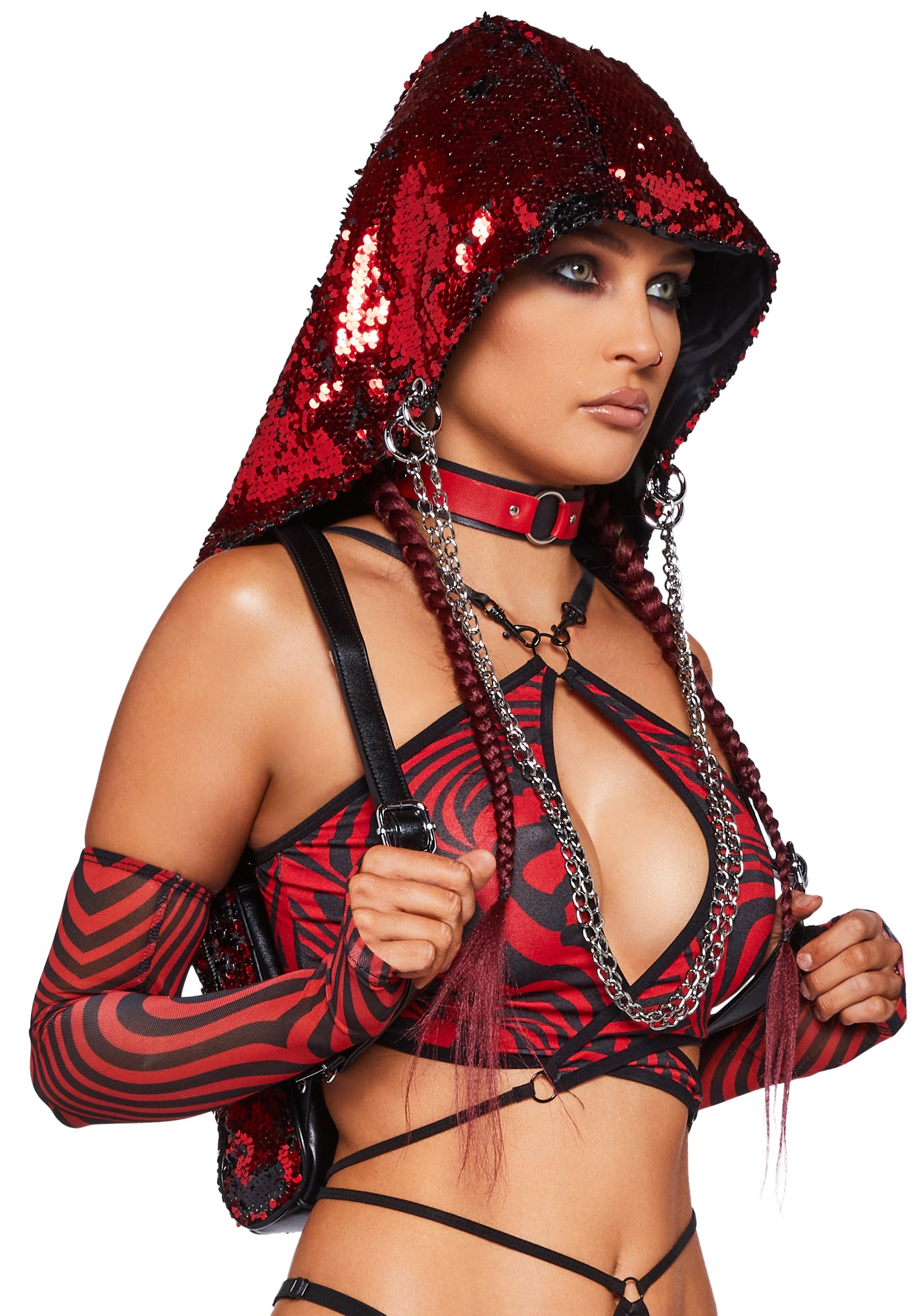 Club Exx Disco Sequin Hooded Backpack - Red – Dolls Kill display picture 3
