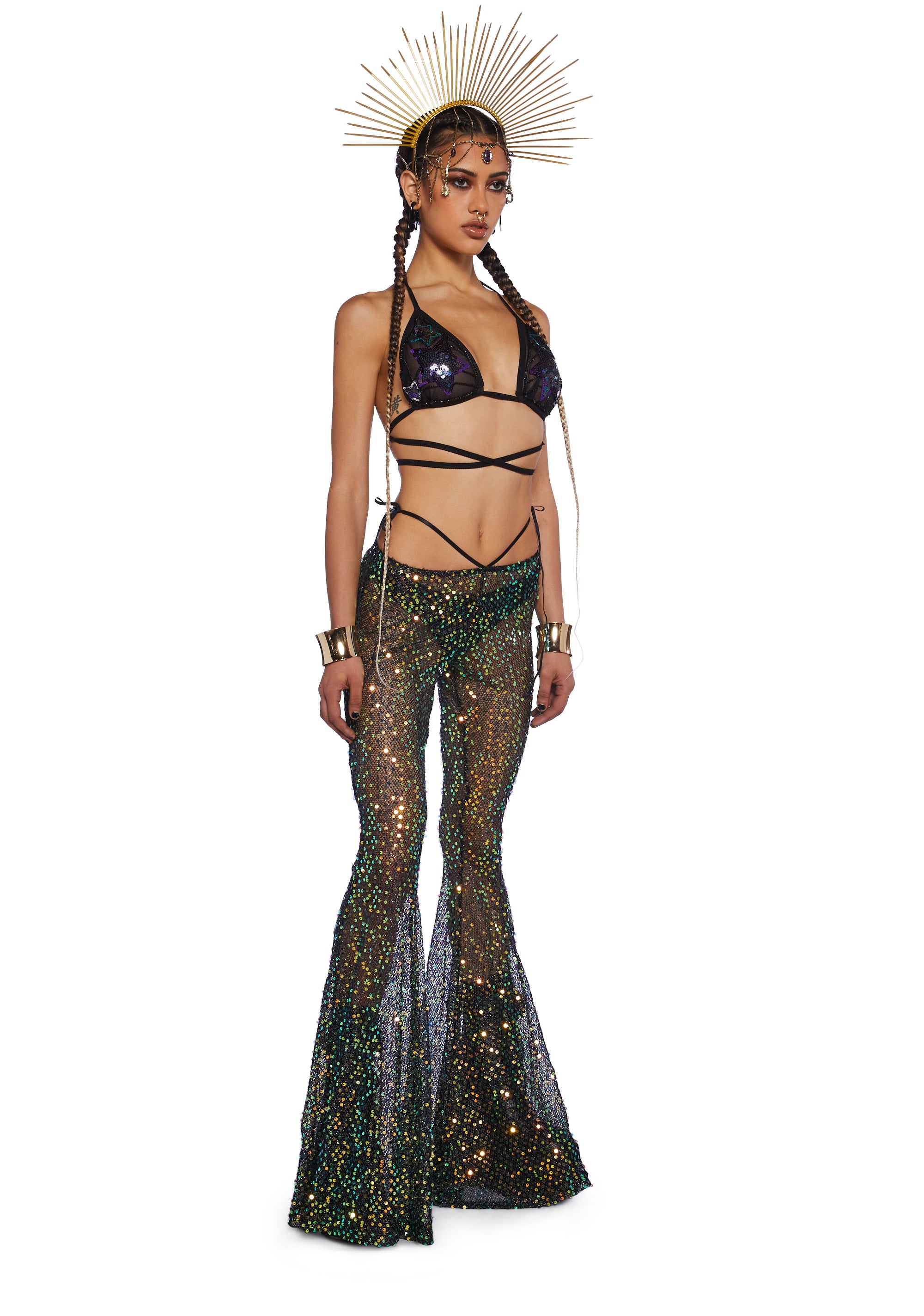Club Exx Burning Man Fishnet Sequin Flare Pants - Black Club Exx Burning Man Fishnet Sequin Flare Pants - Black