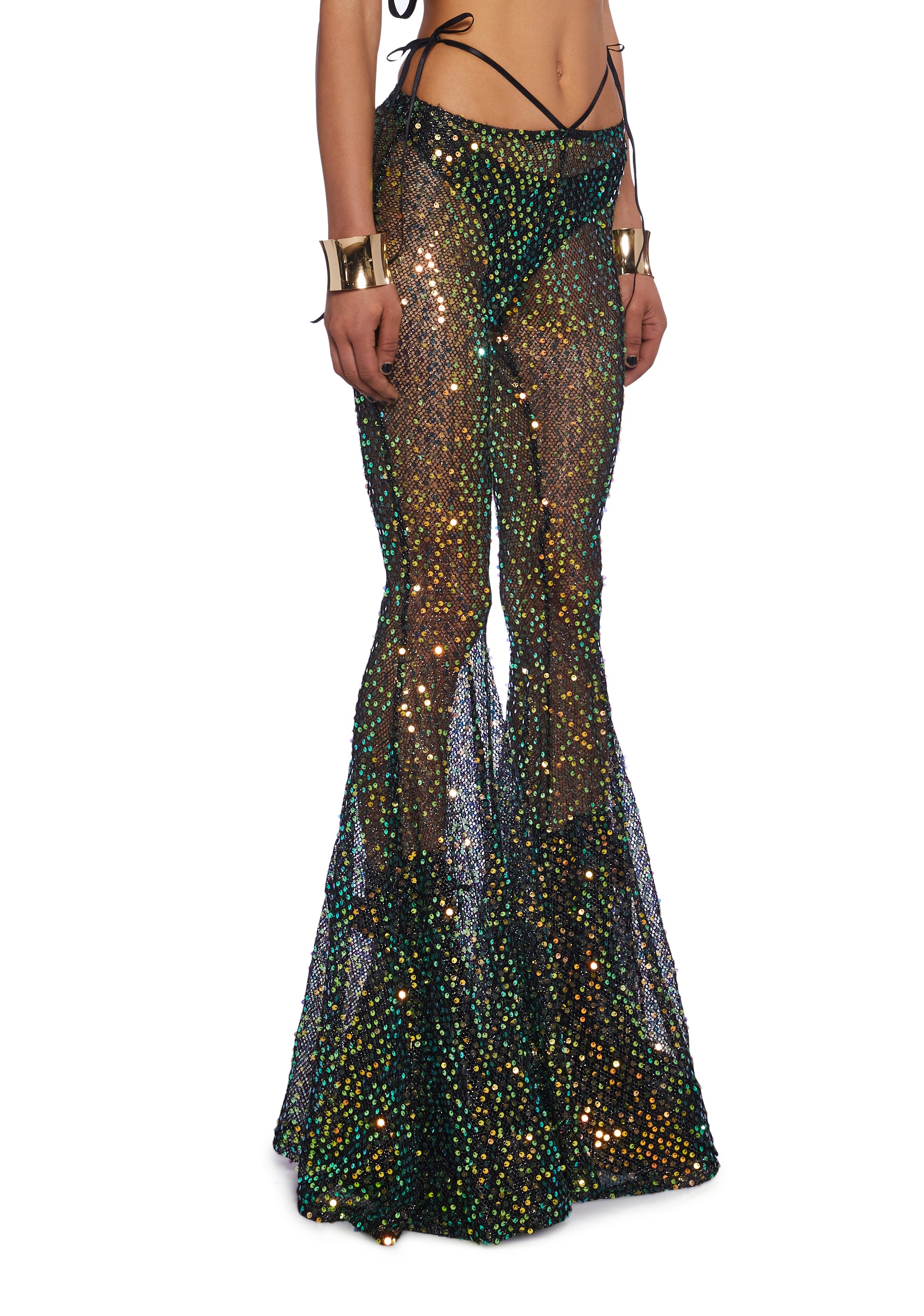 Club Exx Burning Man Fishnet Sequin Flare Pants - Black – Dolls Kill
