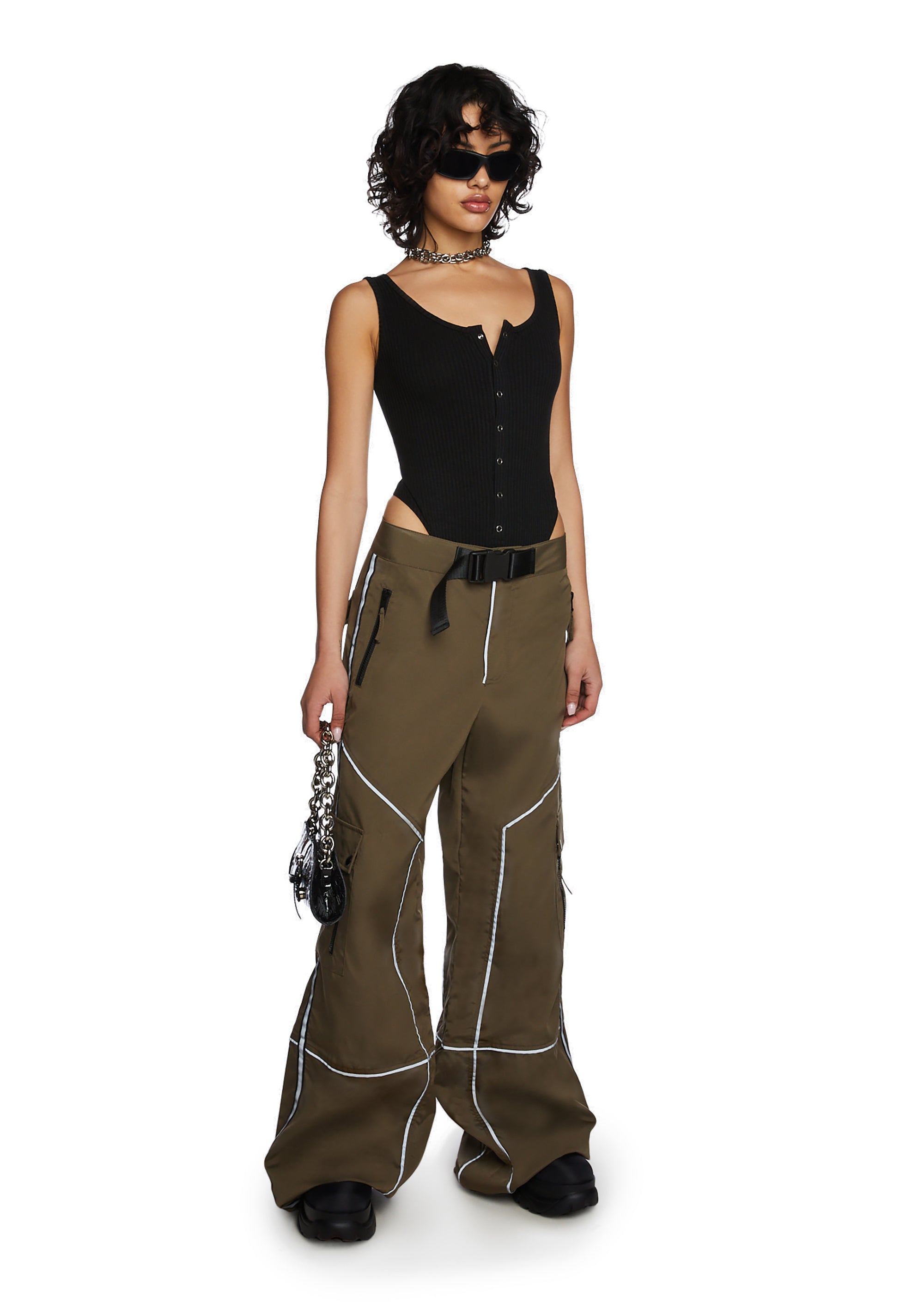Poster Grl Wide Leg Reflective Trim Parachute Pants - Dark