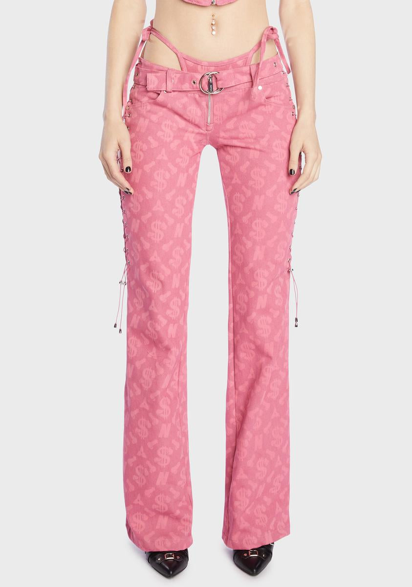 Namilia Dick Dollar Print Denim Low Rise Lace Up Jeans - Pink | Large