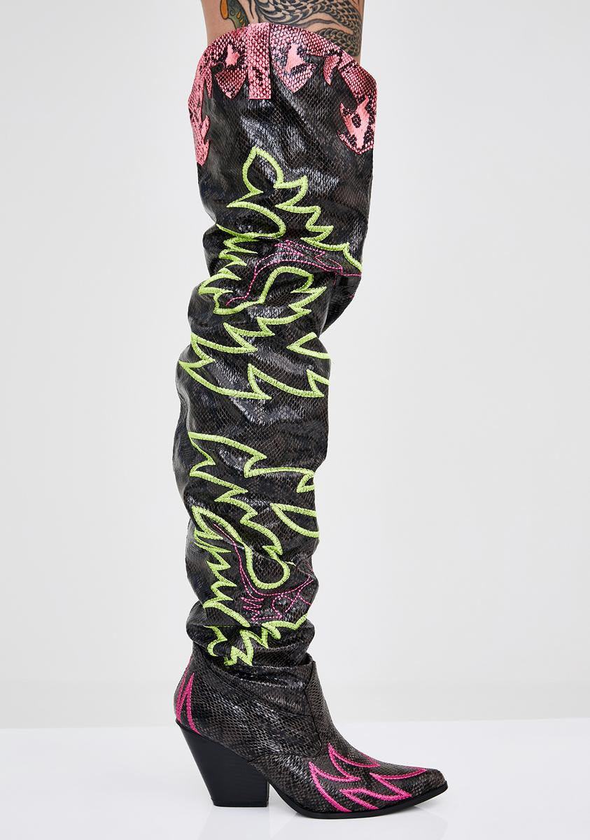 neon snake print boots