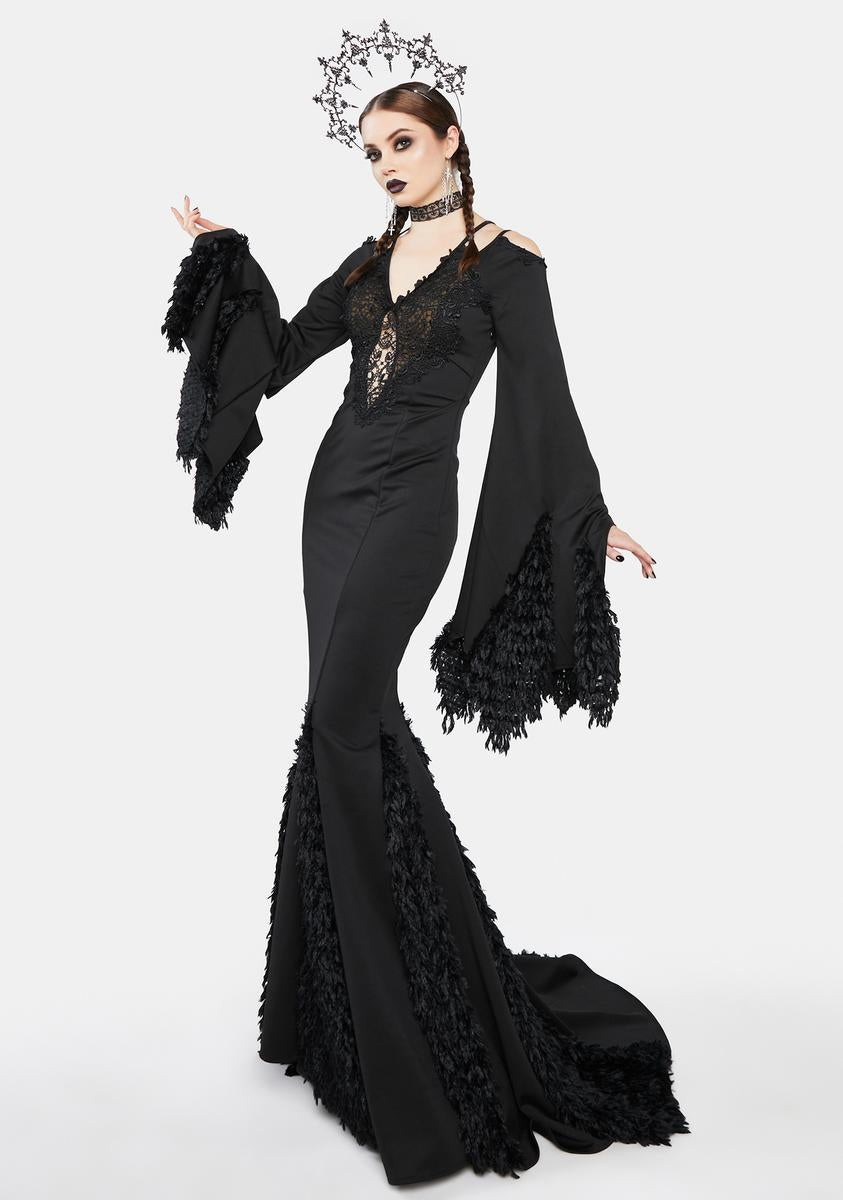 Red Night Gothic Faux Feather Lace Maxi Mermaid Dress Black