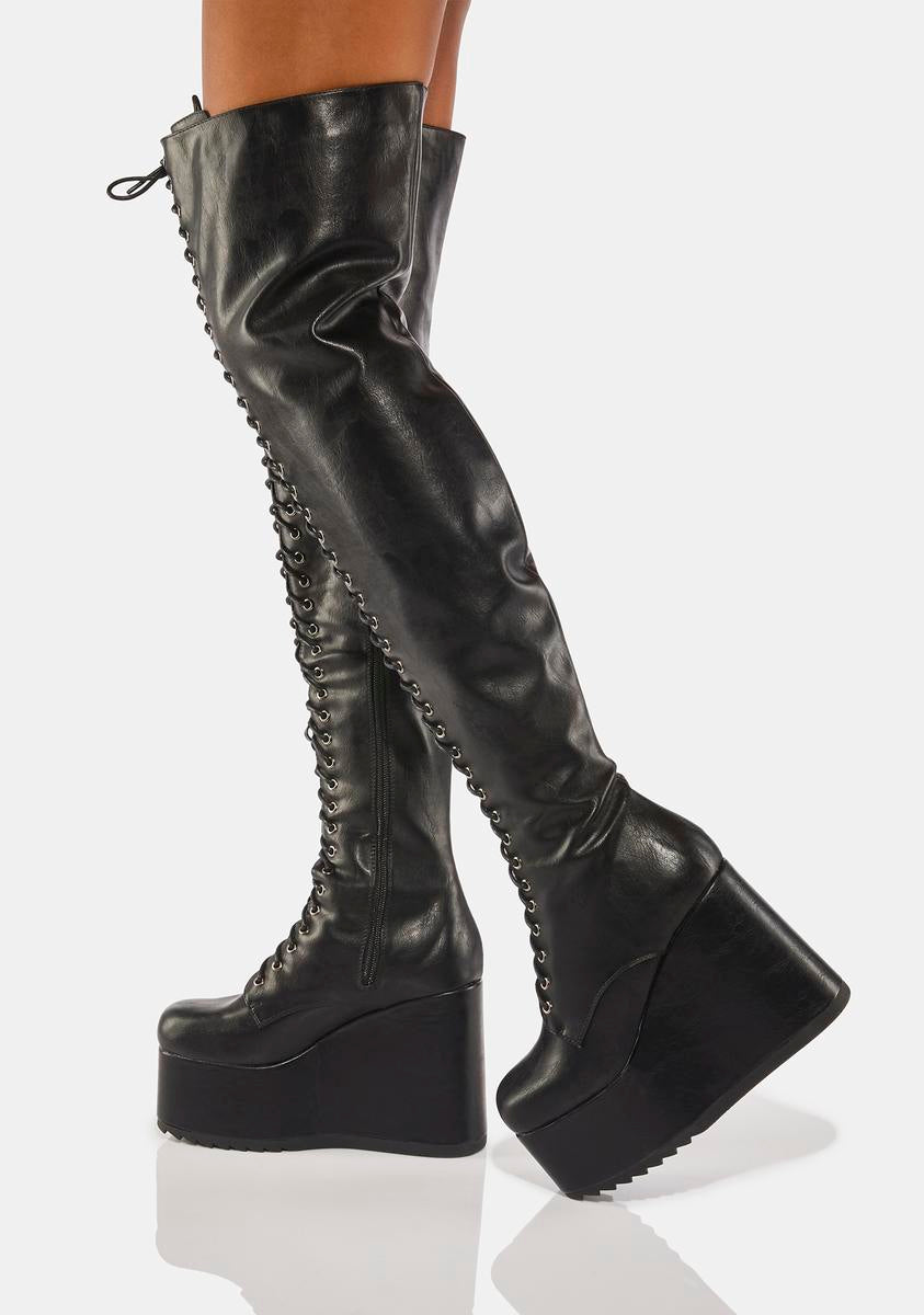 Lamoda Knee High Lace Up Wedge Platform Boots - Black – Dolls Kill