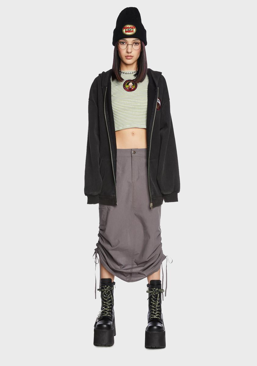 Dolls Kill x Daria Low Waist Embroidered Midi Cargo Skirt Gray