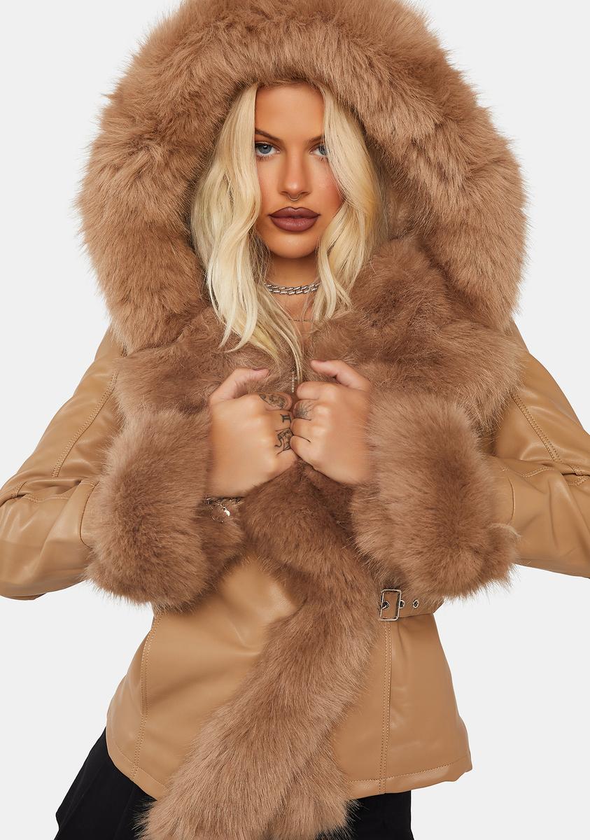 AZALEA WANG Vegan Leather Faux Fur Trim Jacket - Light Brown/Tan – Dolls Kill