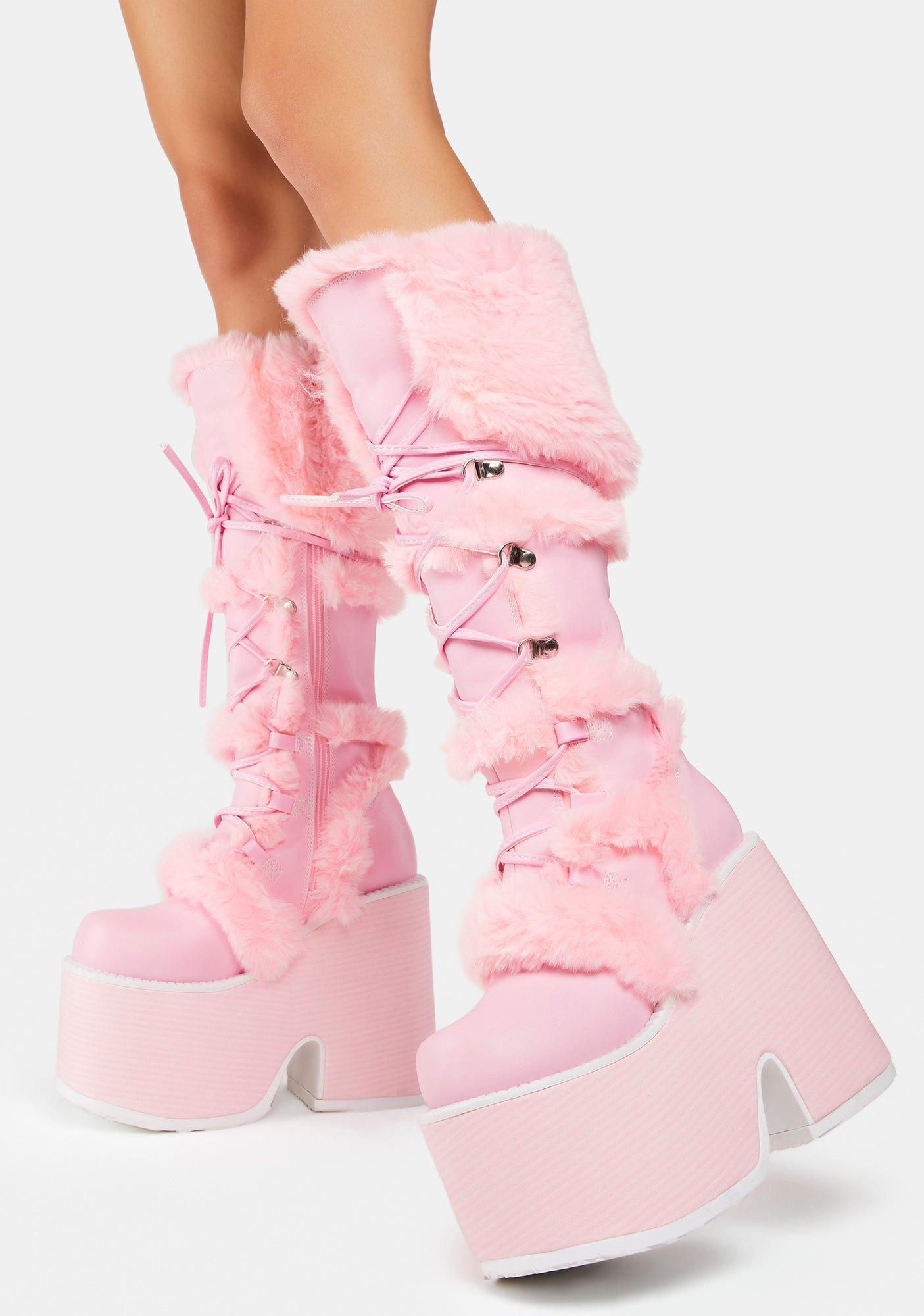 Demonia x Dolls Kill Eskimo-305 Faux Fur Knee High Platform Boots