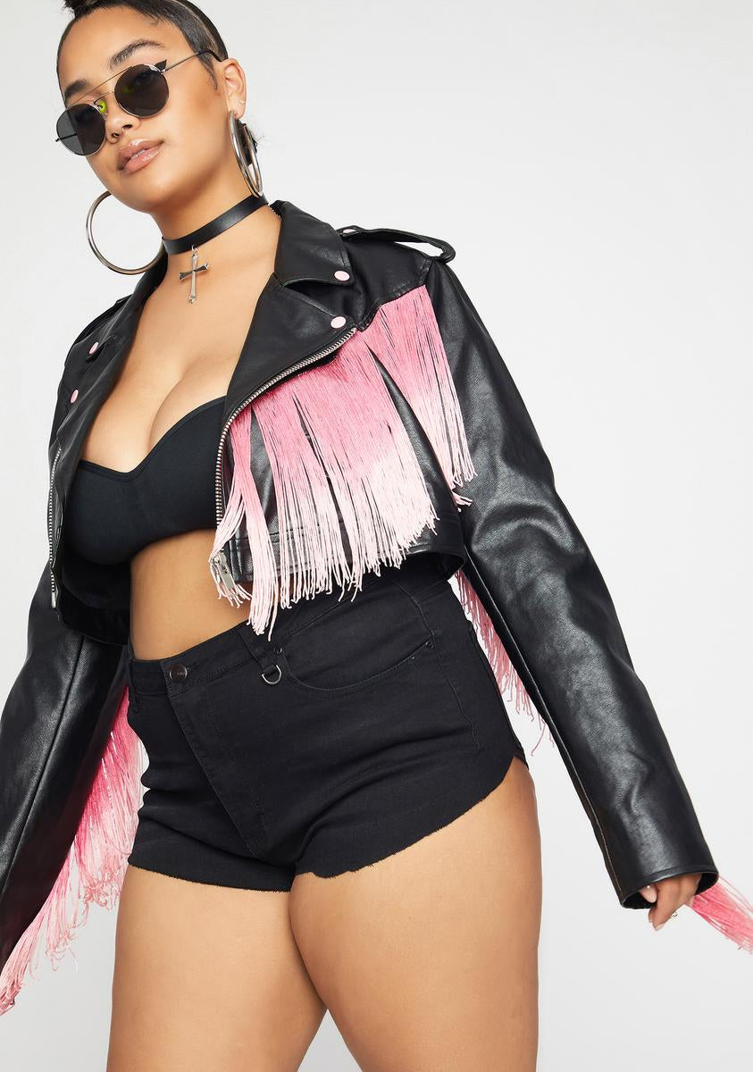 Plus Size Fringe Trim Cropped Moto Jacket Black/Pink – Dolls Kill