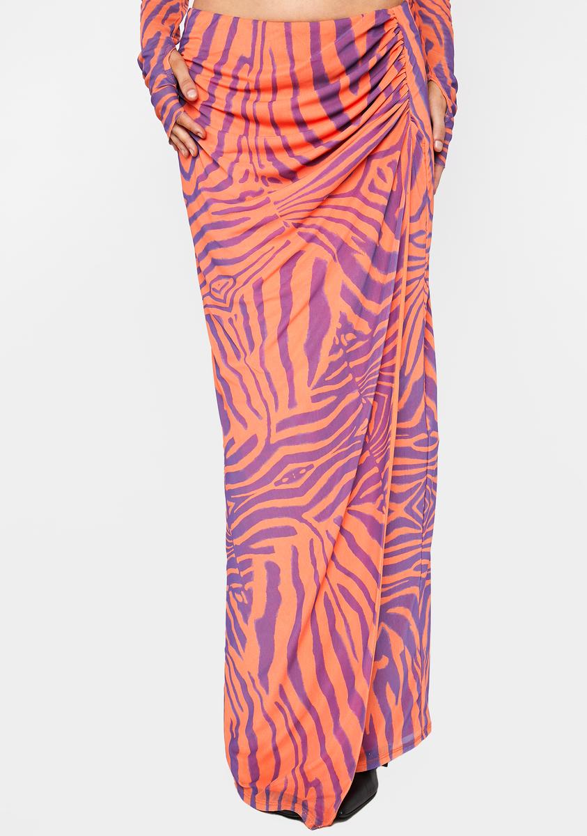 AFRM Zebra Print Ruched Slit Midi Skirt Orange – Dolls Kill