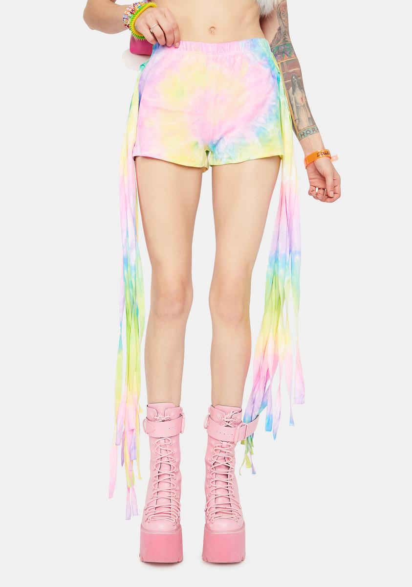Groove To The Beat Tie Dye Fringe Shorts,Specials : American Fashion Style Bags On Sale