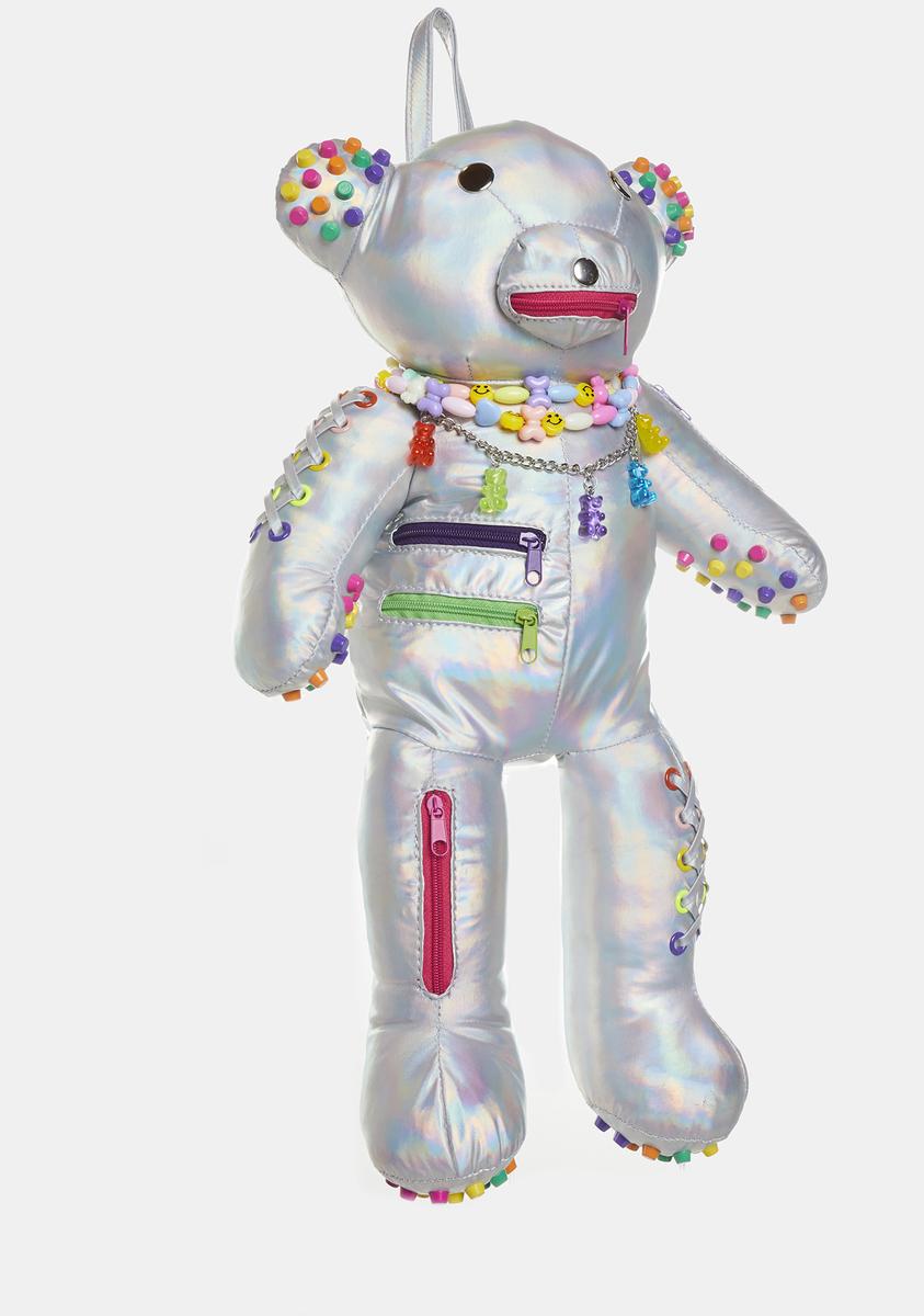 Club Exx Holographic Neon Studded Teddy Backpack - Silver – Dolls Kill
