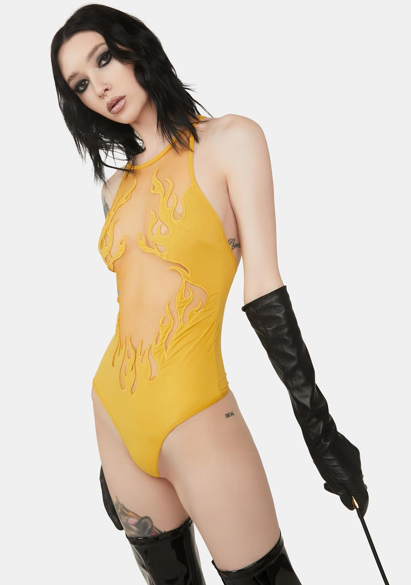 Thistle And Spire Flame Design Mesh Bodysuit - Gold – Dolls Kill