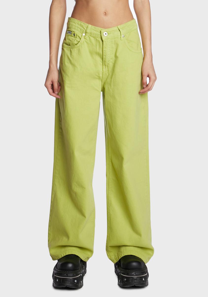 The Ragged Priest Low Rise Wide Leg Jeans - Lime – Dolls Kill
