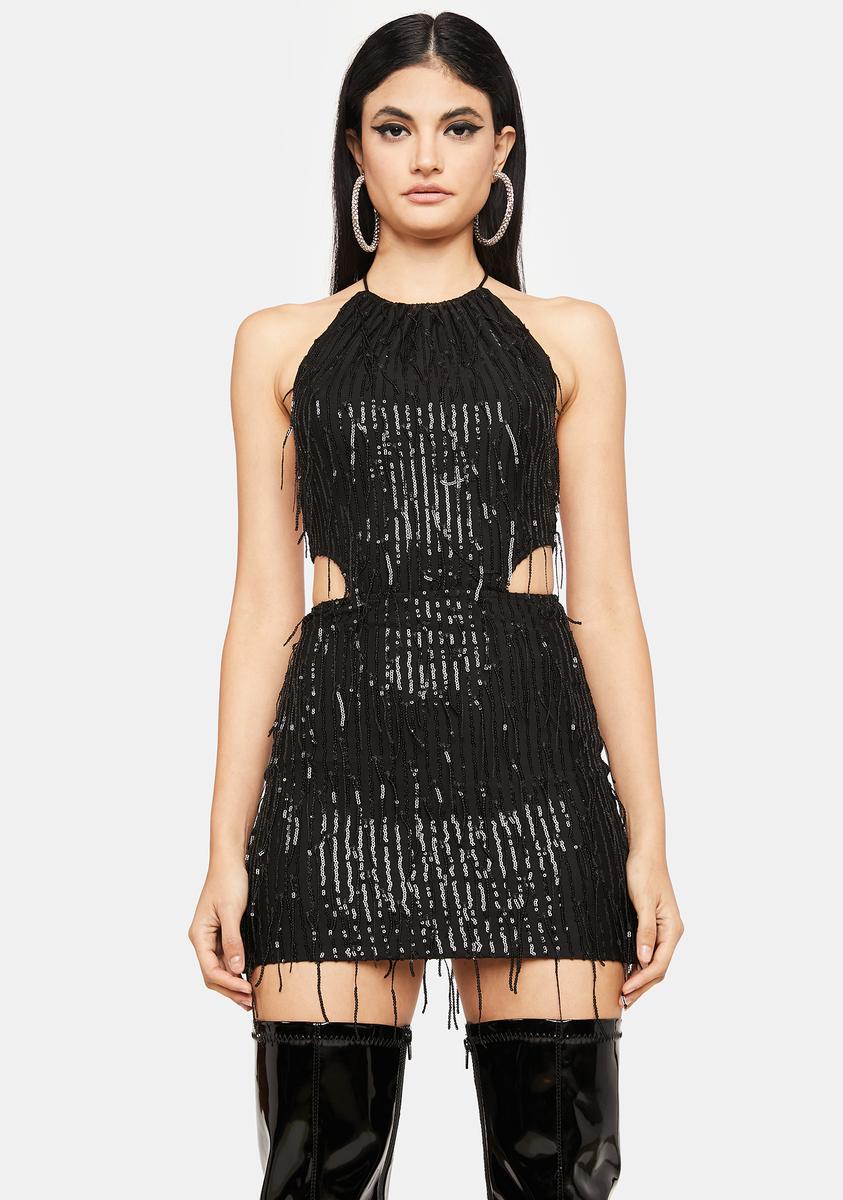 Sequin Fringe Halter Neck Open Back Mini Dress - Black – Dolls Kill
