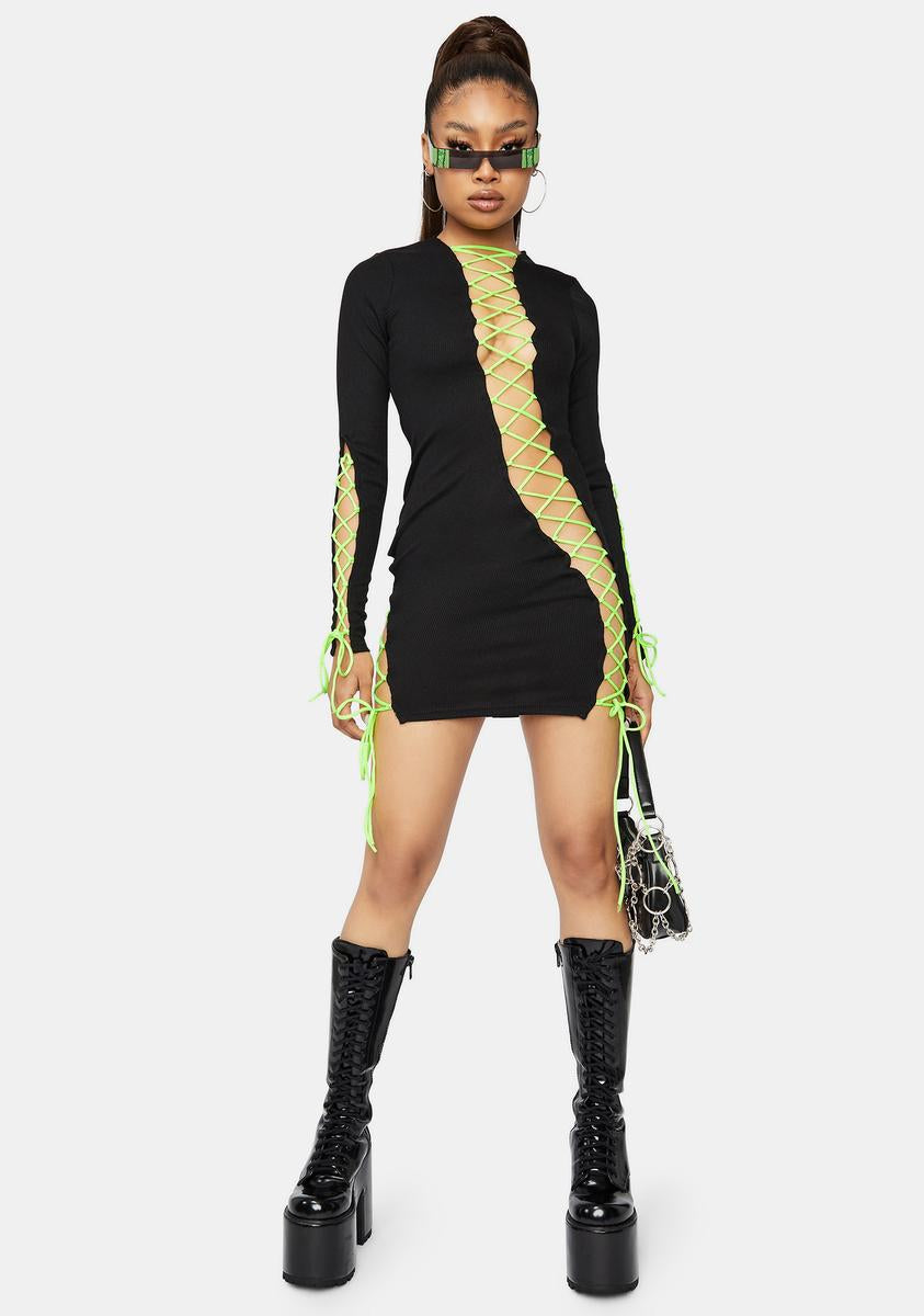 Contrast Lace Up Bodycon Mini Dress - Black Neon Green Dolls Kill Contrast Lace Up Bodycon Mini Dress - Black Neon Green Dolls Kill