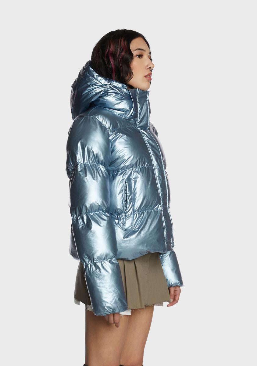 Silver Metallic Crop Puffer Jacket