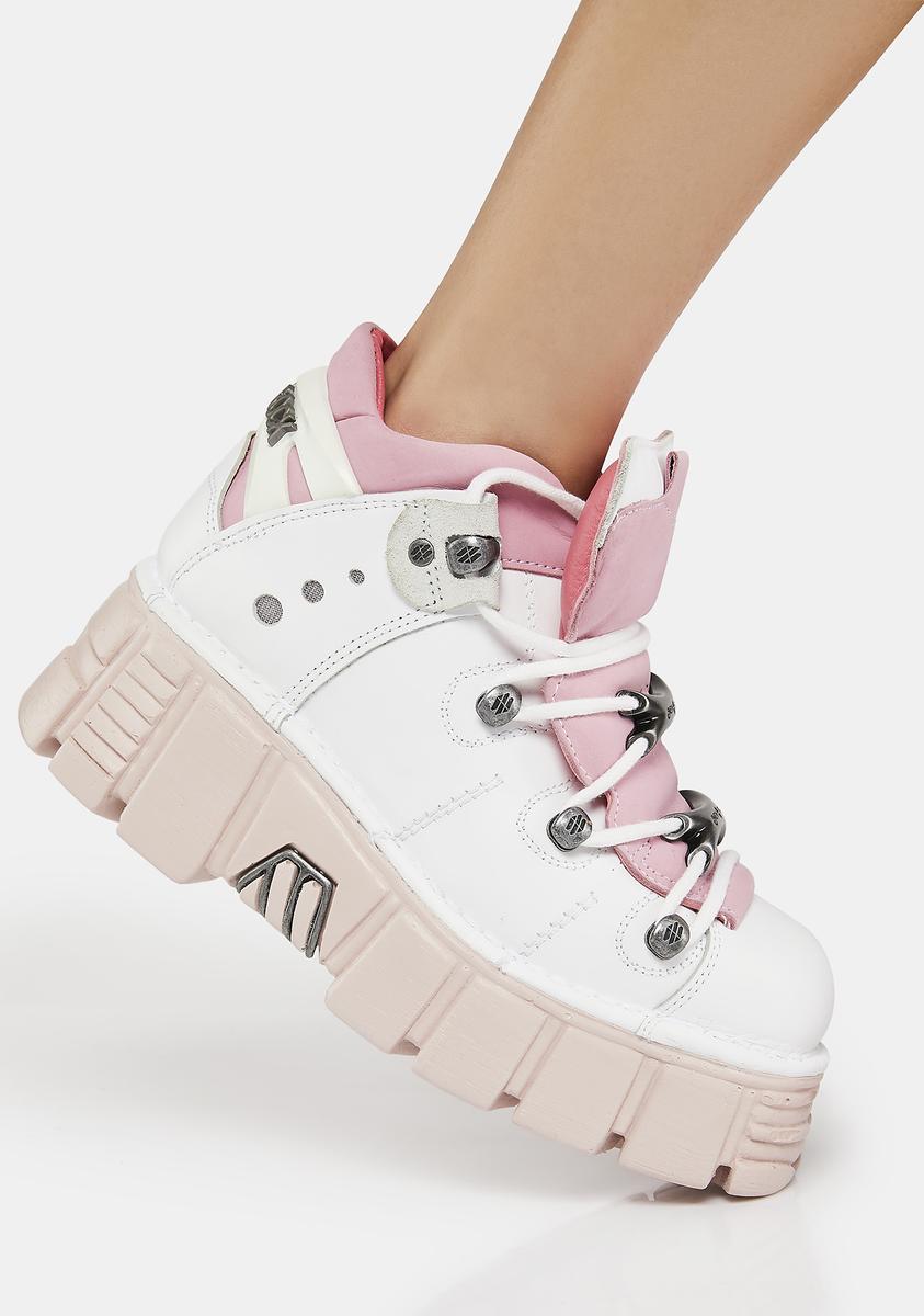 New Rock Chunky Platform Leather Ankle boots - Pink/White – Dolls Kill