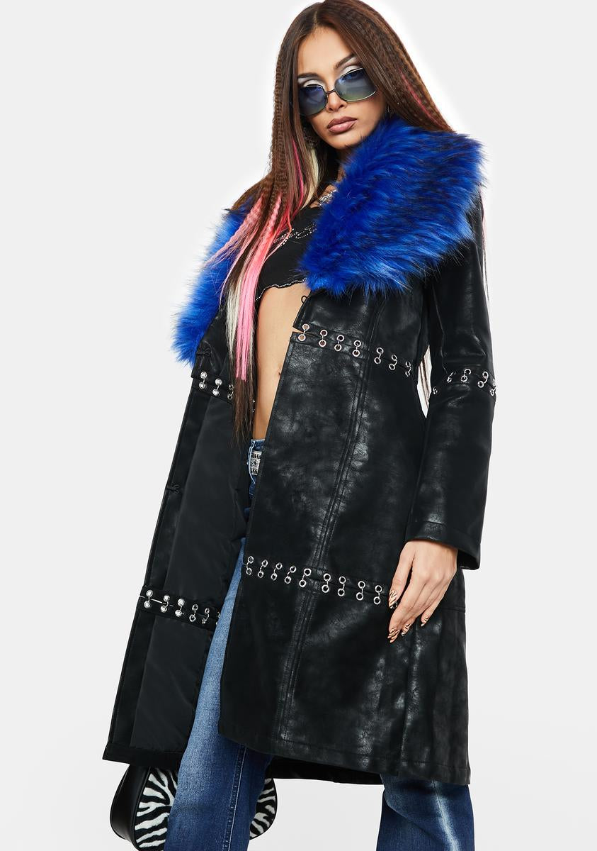 Current Mood Vegan Leather Lace Up Faux Fur Collar Blue Black