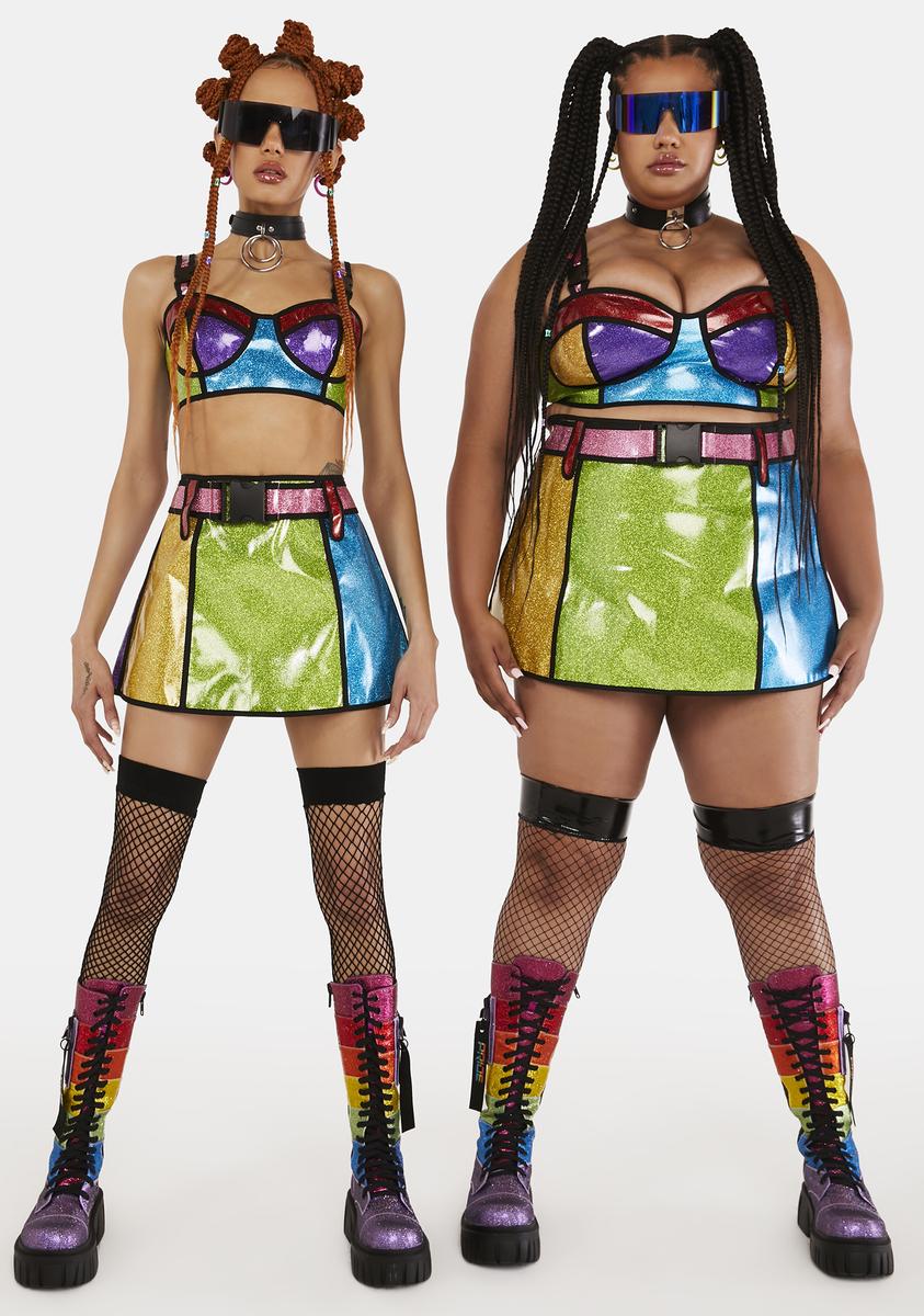 Club Exx Glitter Vinyl Colorblock Mini Skirt Rainbow Dolls Kill